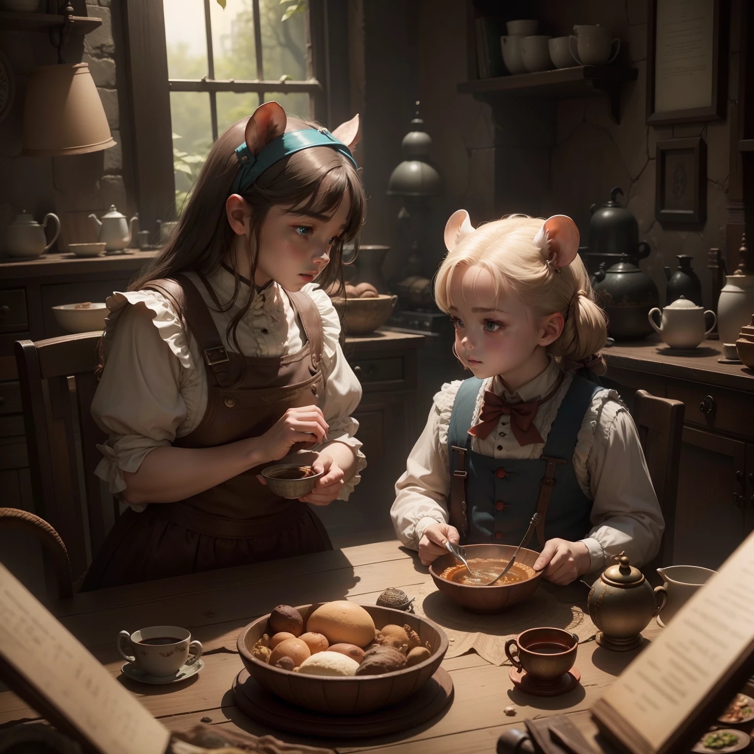 at 8K resolution、The rat and the dwarf who wandered into Alice in Wonderland、Depicting a retro world view woven by shining creatures