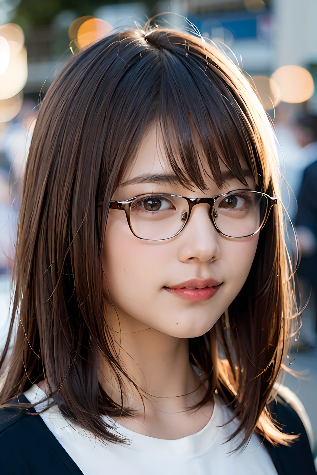 (8K、Raw photography、top-quality、masterpiece:1.2)、(realisitic、Photorealsitic:1.37)、ultra-detailliert、超A high resolution、1人、see the beholder、beautifull detailed face、a smile、Constriction、(Slim waist) :1.3)、Shirts、Beautiful detailed skin、Skin Texture、Floating hair、Professional Lighting、In the street、Rimmed glasses、Whole human body、Brown hair