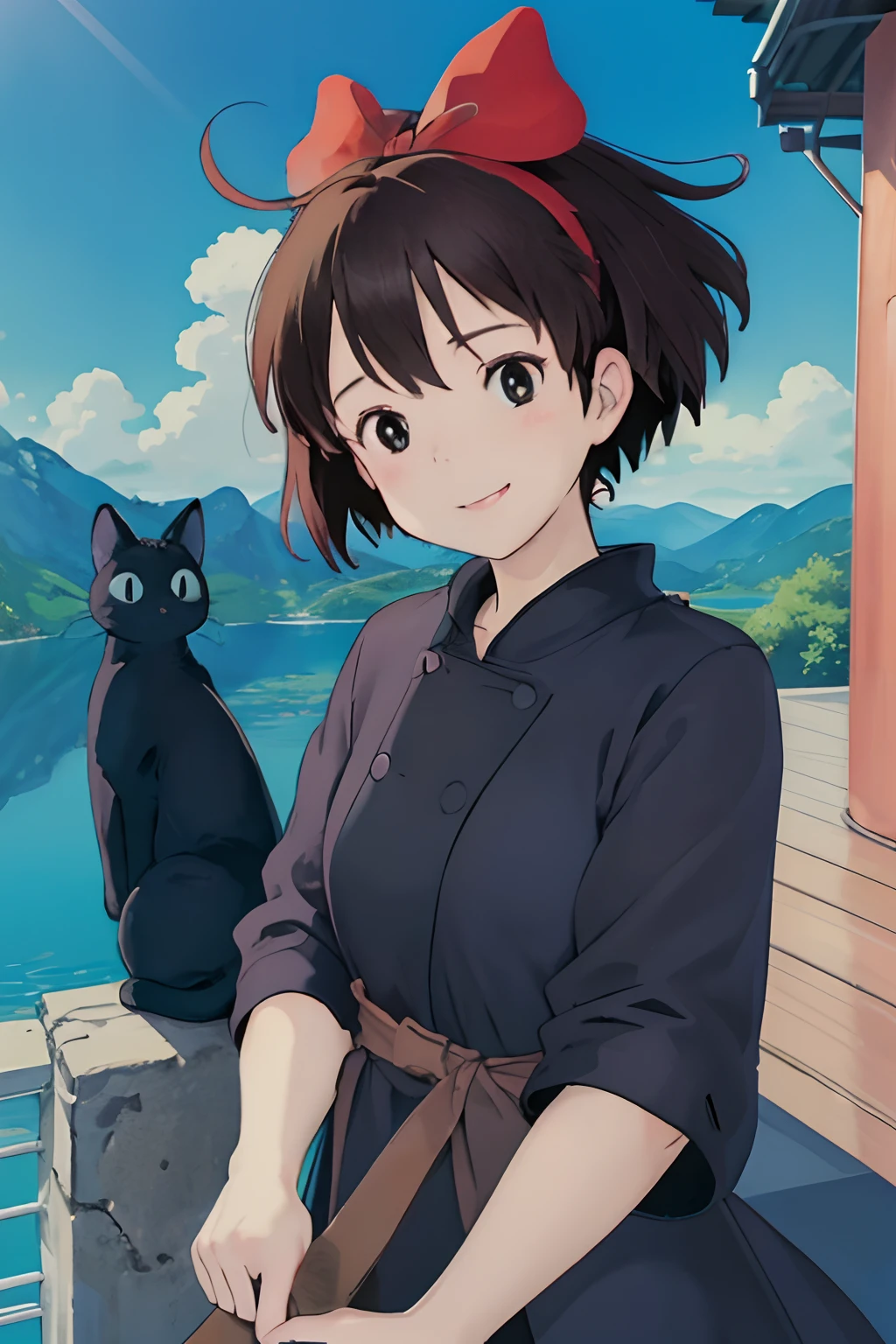 (​masterpiece、top-quality;1.3)、ultra-detailliert、1girl in、独奏、Fina Grandia、looking at the viewers、a smile、
Kiki as an adult、Black coat、Red-haired bow、blue-sky、black cat、Gigi、huge tit