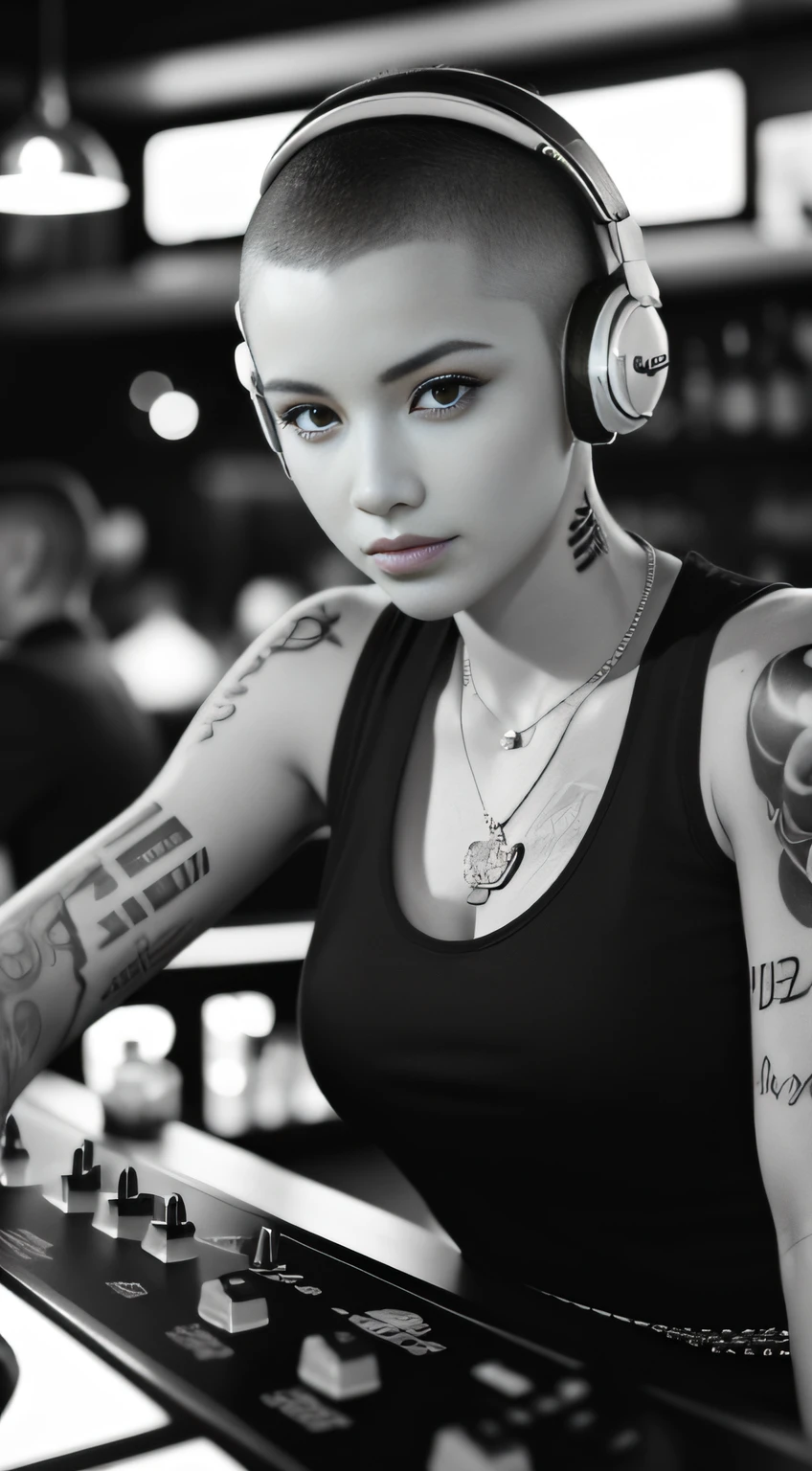 Best quality, Masterpiece, Ultra High resolution, (Fidelity :1.4), (B&W:1.3), original photo, Edge lighting, two-tone light, Professional, Photography, 1 girl, Di Bar, girl wearing headphones, DJing at the bar, DJ, DJ booth, DJ machine, (buzz cut:1.1), (Tattoo :1.1), Happy, Dynamic, Gucci, Versace, cool, necklace, view