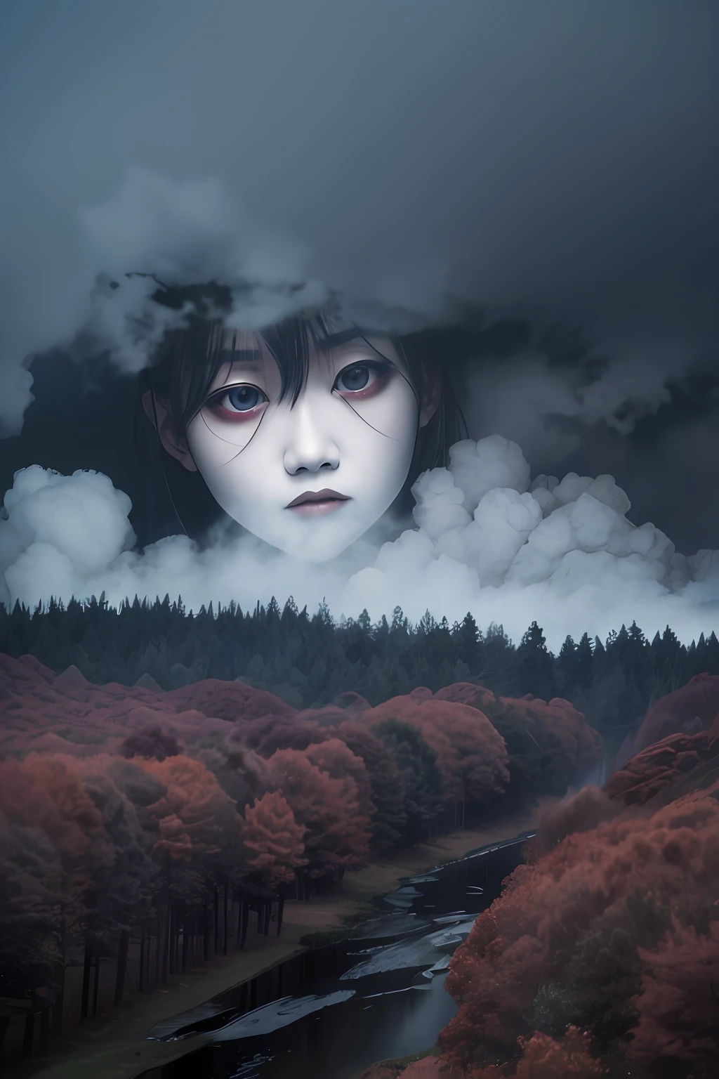 schoolgirls, full bodyesbian, A miserable white face，White pupils
terror, Broken, contortion, sky, Heavy fog, Smoke, Dark forest, Shadow creatures,
junji ito undertones, 
Masterpiece, 超高分辨率, High quality, Cinematic lighting,