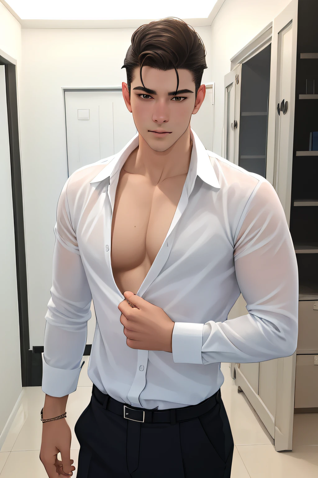 NSFW, obra-prima, melhor qualidade, ultra-detalhado, semi-realista, detailedfacialfeatures, 1boy,usando roupaterno granfino, manly, sensual,cabelos vermelhos,roupa escura,arrogante,Business Executive