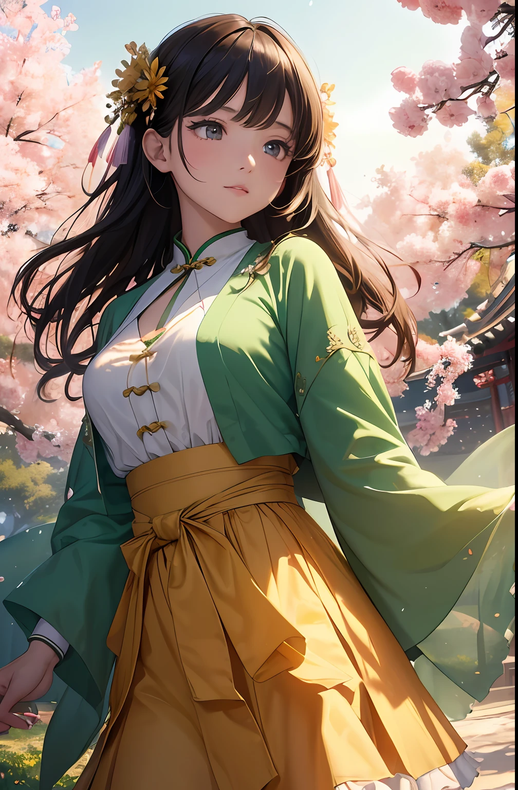 (Close-up of the painting style，Ultra HD 8K，Masterpiece grade CG wallpaper)，Cinematic lighting，cute girly，Delicate and beautiful face，Fantastic pupils，Wearing a little safflower top，bound waist,Green shawl,Sha skirt，are standing，Clear sky，background,the trees,florals,夏天,Chinese style buildings。