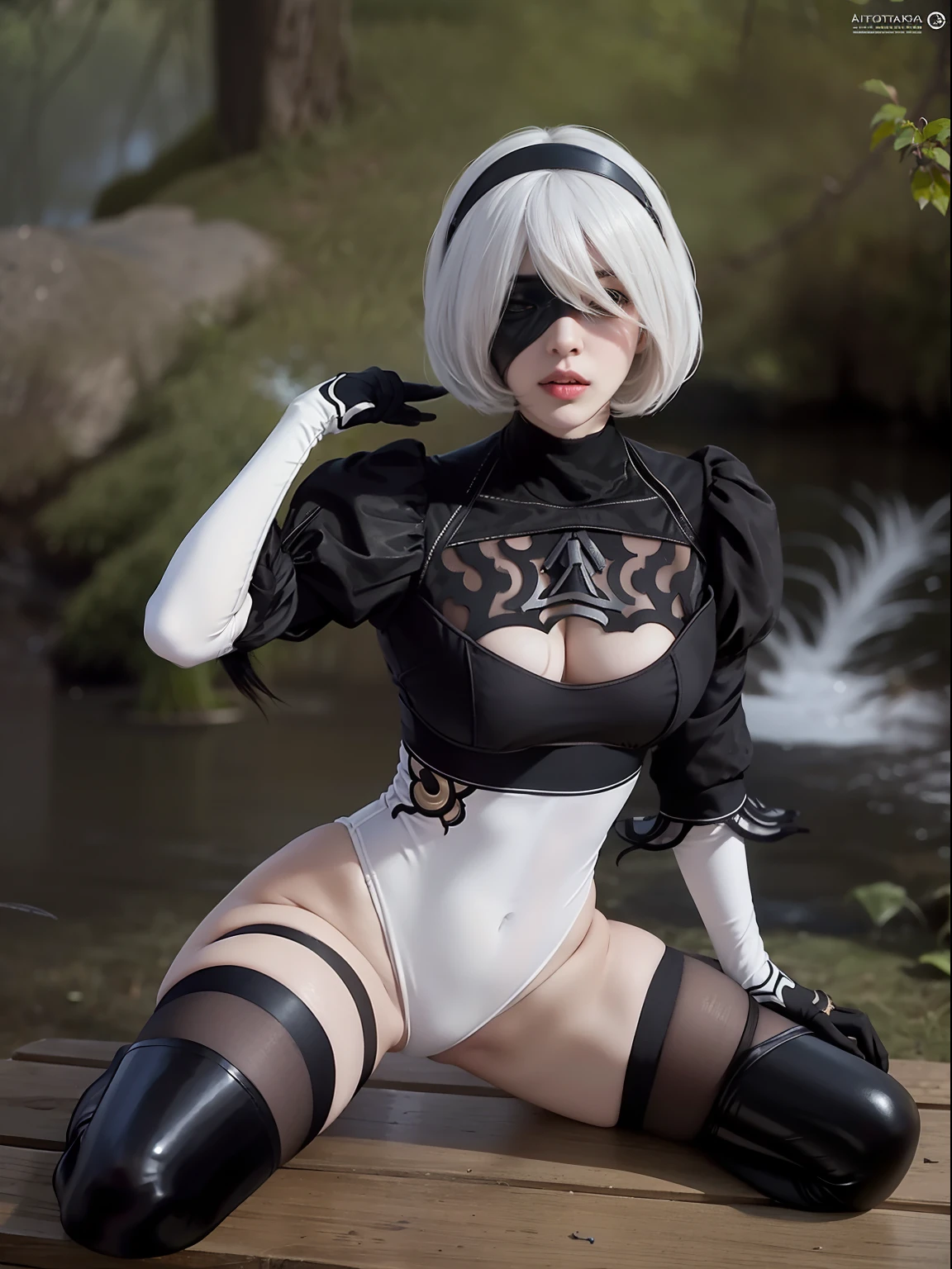 Mujer con cabello rubio, and latex suit posing on a wooden platform, 2 b by Automata of Nier, 2b by Automata of Nier, 2 b, 2b, 2b NEGAR automata, NEGAR : automata inspired, NEGAR:automata inspired, nier inspired, Film frame 2B Automata of Niger, nier 2 b, Nier Automata, piel blanca brillante, cosplay, sexy