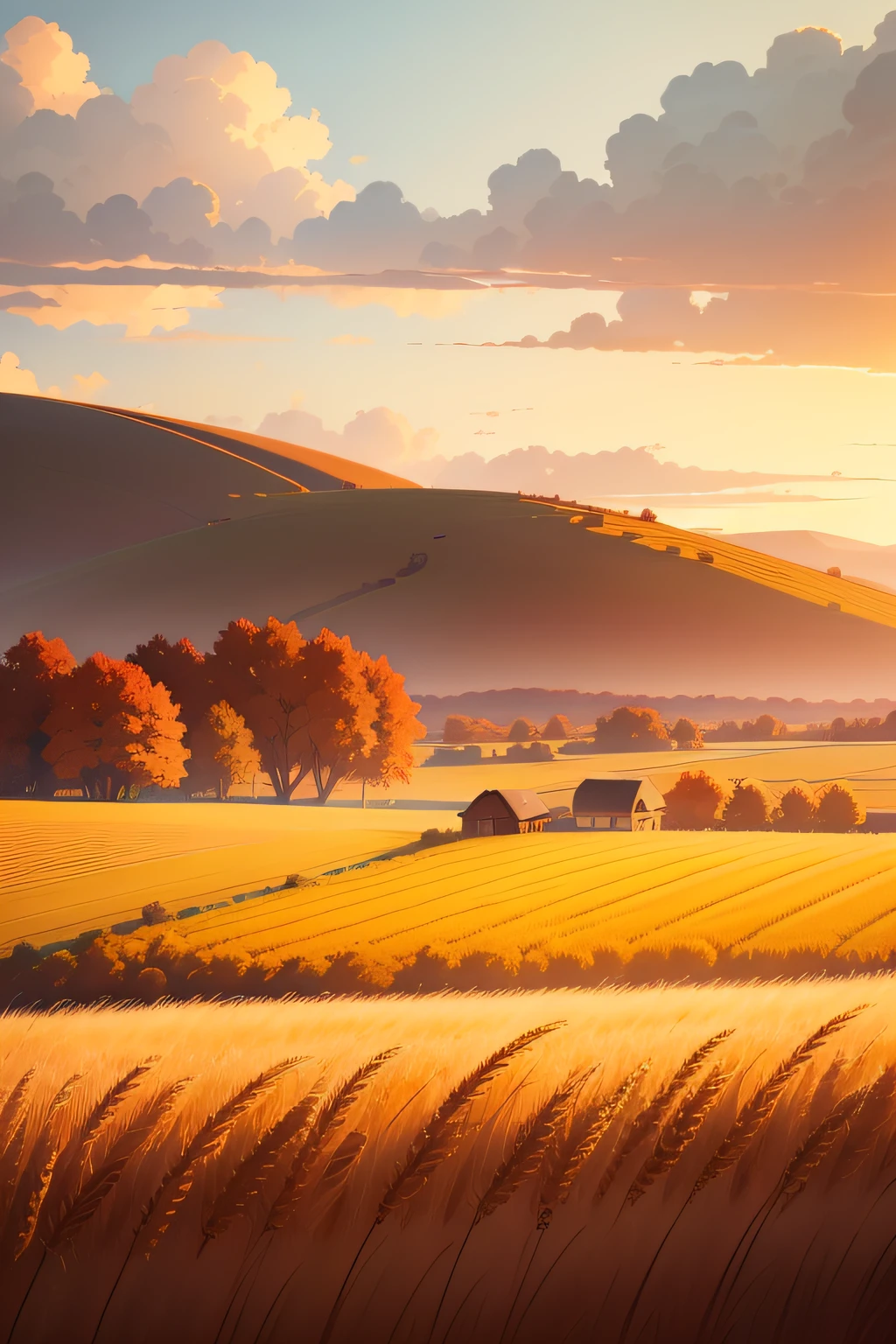 (Digital Painting), (Best Quality), Scenic View, Sorghum Field, (Sorghum: 1.5), Sunset, Sunset, Clouds, Blue Sky, Dust, Dusty, 8k Hyperrealism, Soft Color Scheme, Soft Lighting, Golden Hour, Peaceful Atmosphere, Landscape