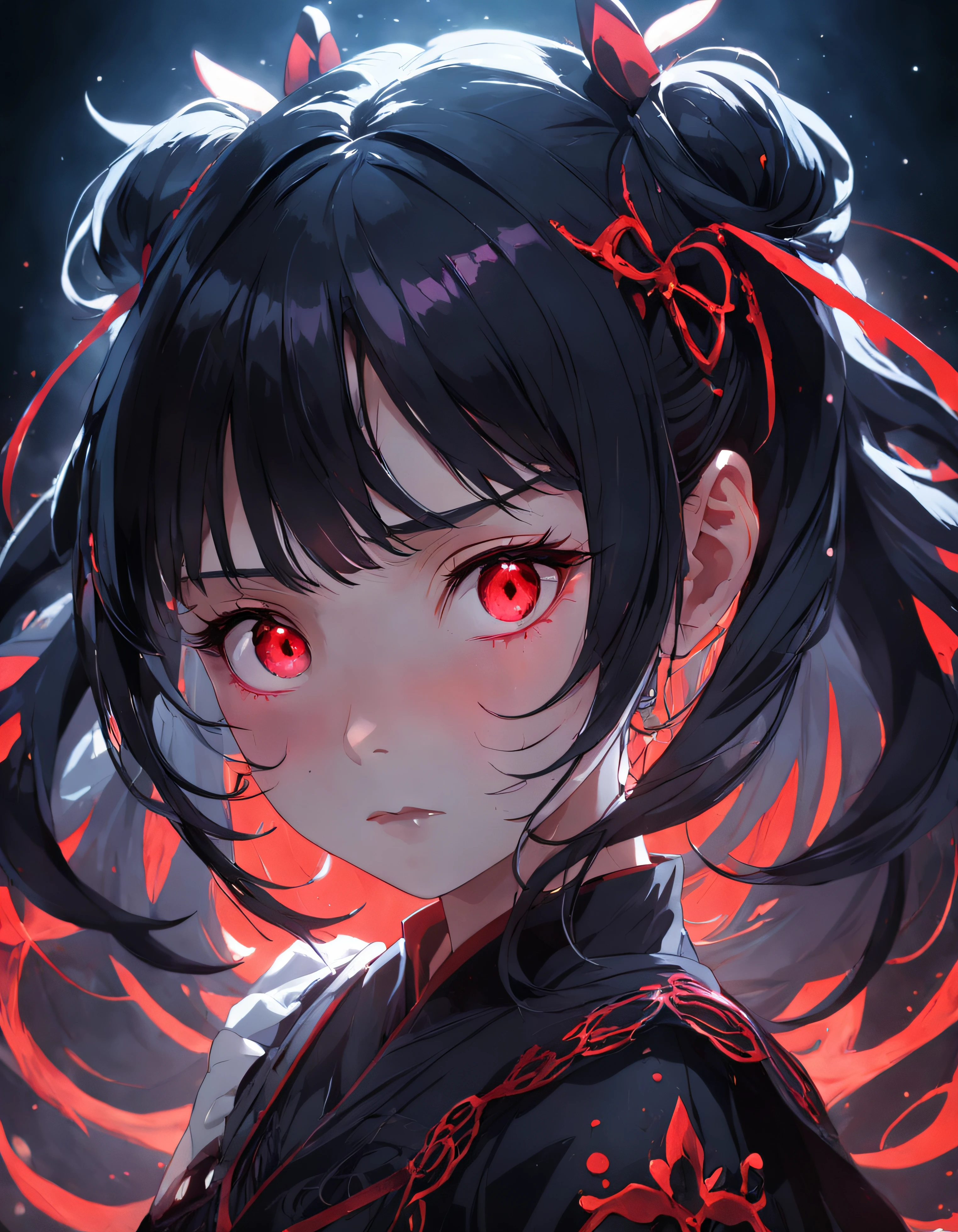 (masterpiece, best quality, ultra-detailed, best shadow), (detailed background,dark fantasy), (beautiful detailed face), high contrast, (best illumination, an extremely delicate and beautiful), ((cinematic light)), colorful, hyper detail, dramatic light, intricate details, (1 girl, solo,black hair, sharp face,low twintails,red eyes, hair between eyes,dynamic angle), blood splatter, swirling black light around the character, depth of field,black light particles,(broken glass),magic circle,