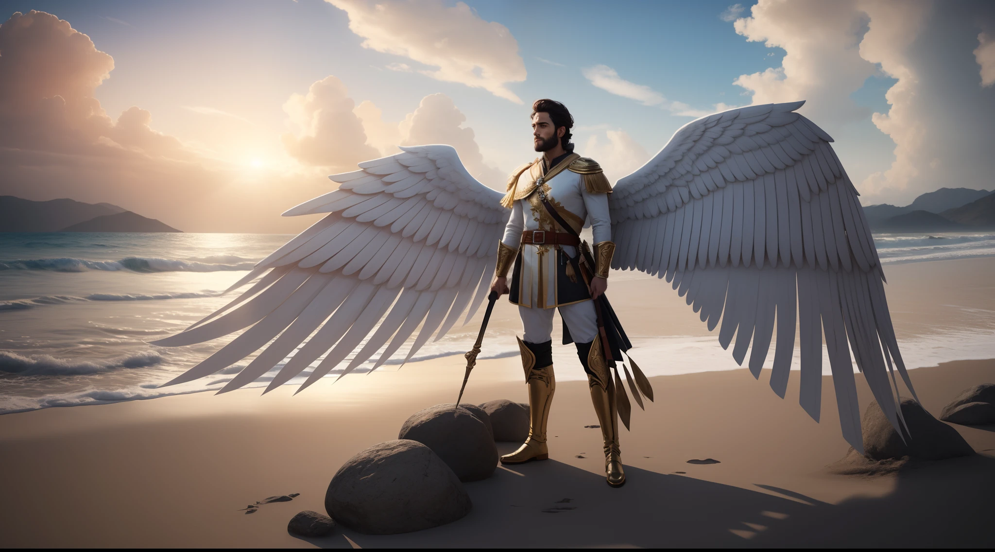 anjo masculino de deus, anjo masculino com barba, barba cheia, barba grande, anjo masculino, The angel of God's army, Golden Army, decente, bem vestido, tunic, aramadura, Rosto detalhado, army, face sem defeito, Normal face, tempestade, Towards the Heavens, celestial, divino, fotorrealista, renderizado, 4k, 8k, texturas detalhadas, sombras detalhadas, decente, cores detalhadas, anjo masculino de deus, Contraste realista, Texturas fotorrealistas, cores detalhadas, cores realistas, sombras detalhadas, pernas normais, detalhes fotorrealistas, nitidez detalhada, nitidez realistas, textura ultra hd, 8k resolution,