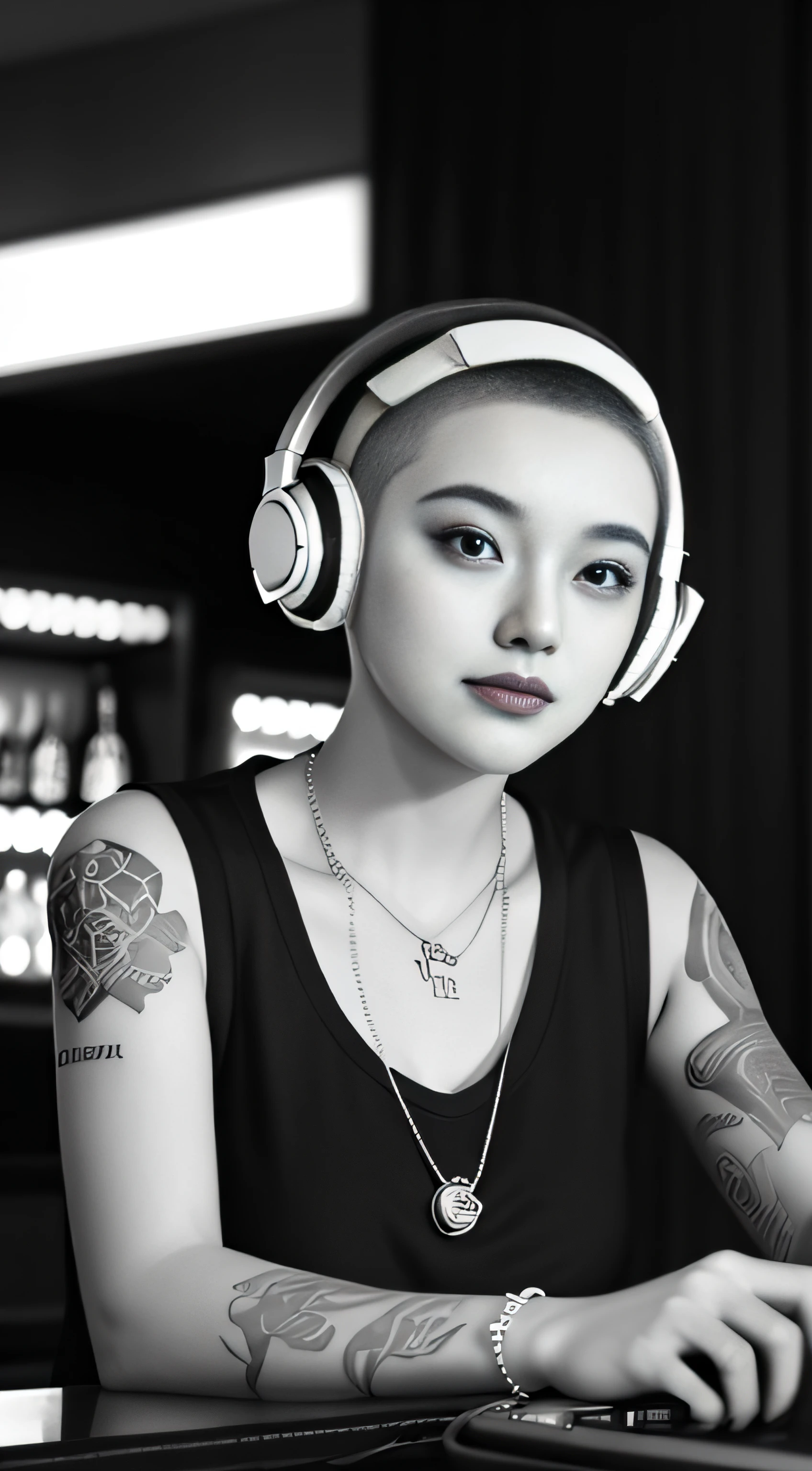 Best quality, Masterpiece, Ultra High resolution, (Fidelity :1.4), (B&W:1.3), original photo, Edge lighting, two-tone Light, Professional, Photography, 1 girl, bar, girl wearing headphones, Dding in bar, DJ, DJ booth, DJ machine, (buzz cut:1.1), (Tattoo :1.1), Happy, Dynamic, Gucci, Versace, cool, necklace, view