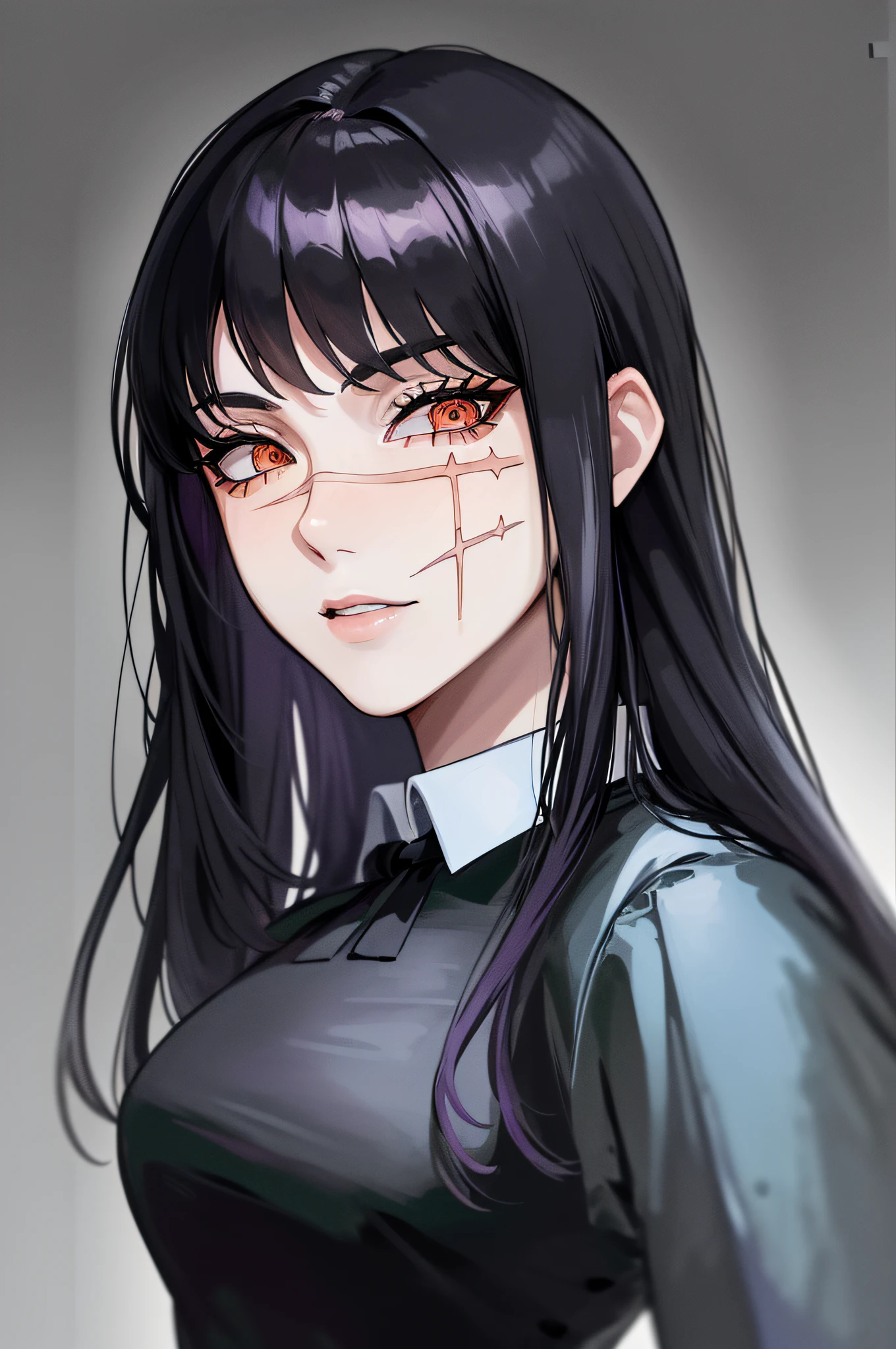 (obra prima, melhor qualidade, best resolution, extremamente detalhado), (high quality face:1.6),(high quality body:1.6), 1girl, yoru (chainsawman), upper body, black long hair, scar, uniforme escolar, perfect  lighting