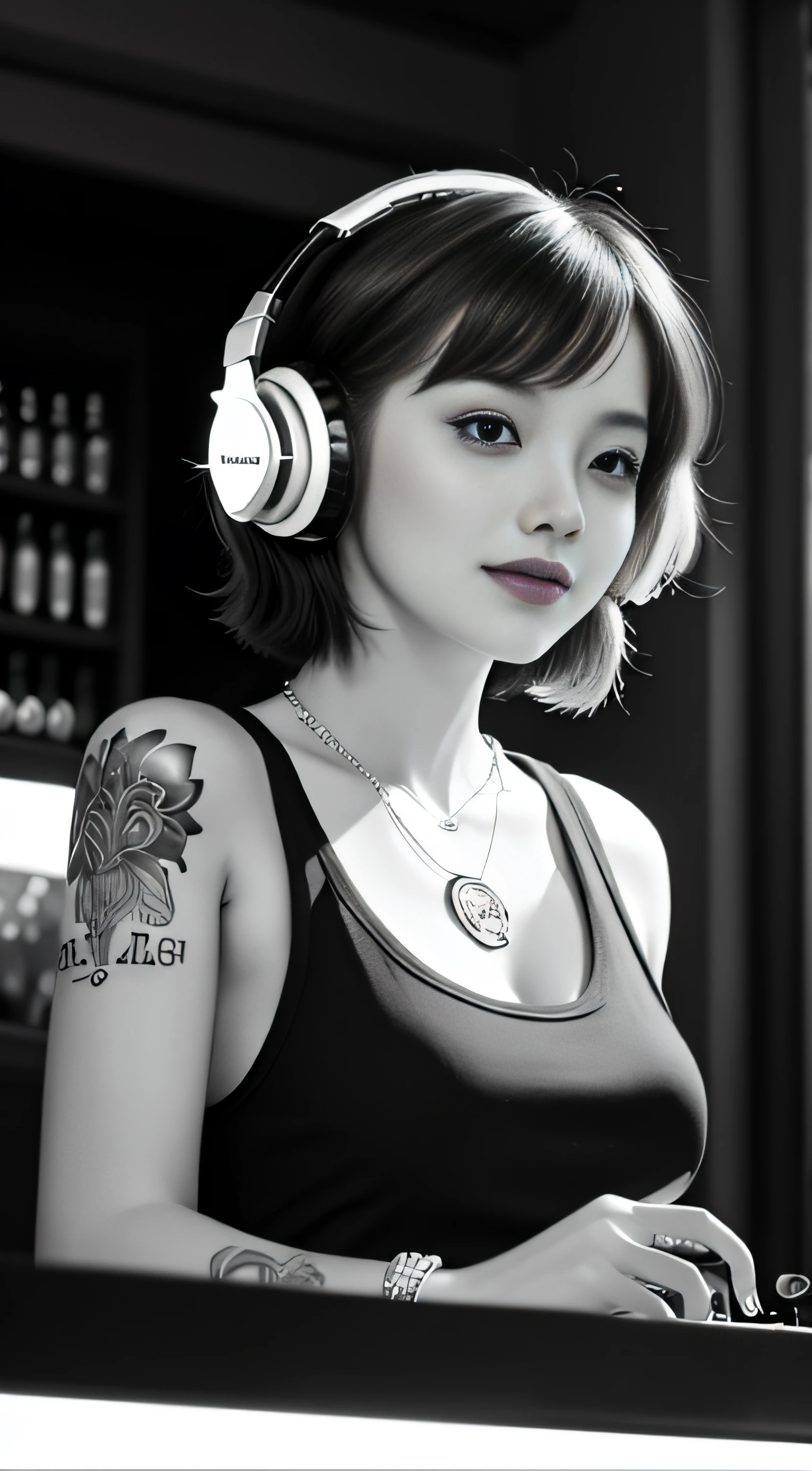 Best quality, Masterpiece, Ultra High resolution, (Fidelity :1.4), (B&W:1.3), original photo, Edge lighting, two-tone Light, Professional, Photography, 1 girl, bar, girl wearing headphones, Dding in bar, DJ, DJ booth, DJ machine, (buzz cut:1.1), (Tattoo :1.1), Happy, Dynamic, Gucci, Versace, cool, necklace, view