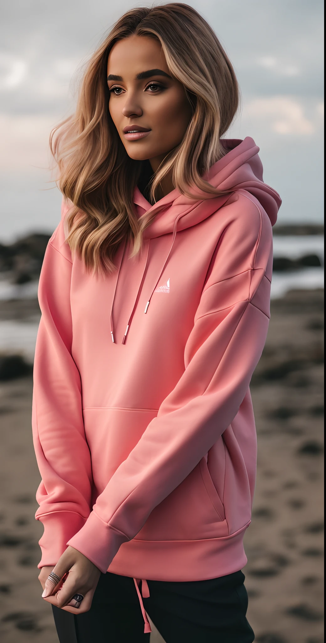 A beautiful woman wearing a pink sweatshirt and black pants standing on a beach, usando um capuz rosa, usando um capuz rosa pastel, menina vestindo capuz, usando um capuz oversized, Capuz, coberto de coral, roupas cor-de-rosa, usando um capuz, capuz laranja, usando capuz, moletom laranja longo, Hoody, Capuz Oversized, roupas detalhadas, vestindo moletom