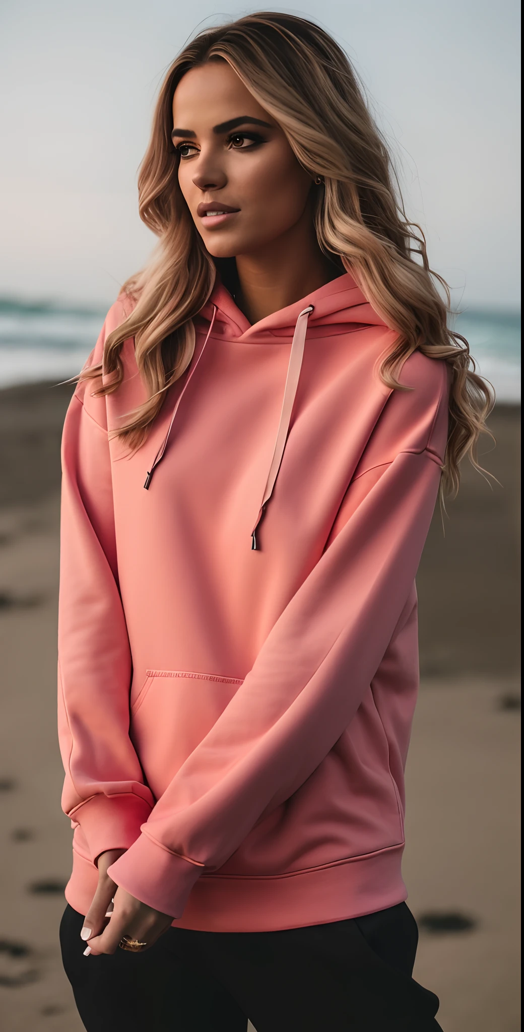 A beautiful woman wearing a pink sweatshirt and black pants standing on a beach, usando um capuz rosa, usando um capuz rosa pastel,  vestindo capuz, usando um capuz oversized, Capuz, coberto de coral, roupas cor-de-rosa, usando um capuz, capuz laranja, usando capuz, moletom laranja longo, Hoody, Capuz Oversized, roupas detalhadas, vestindo moletom