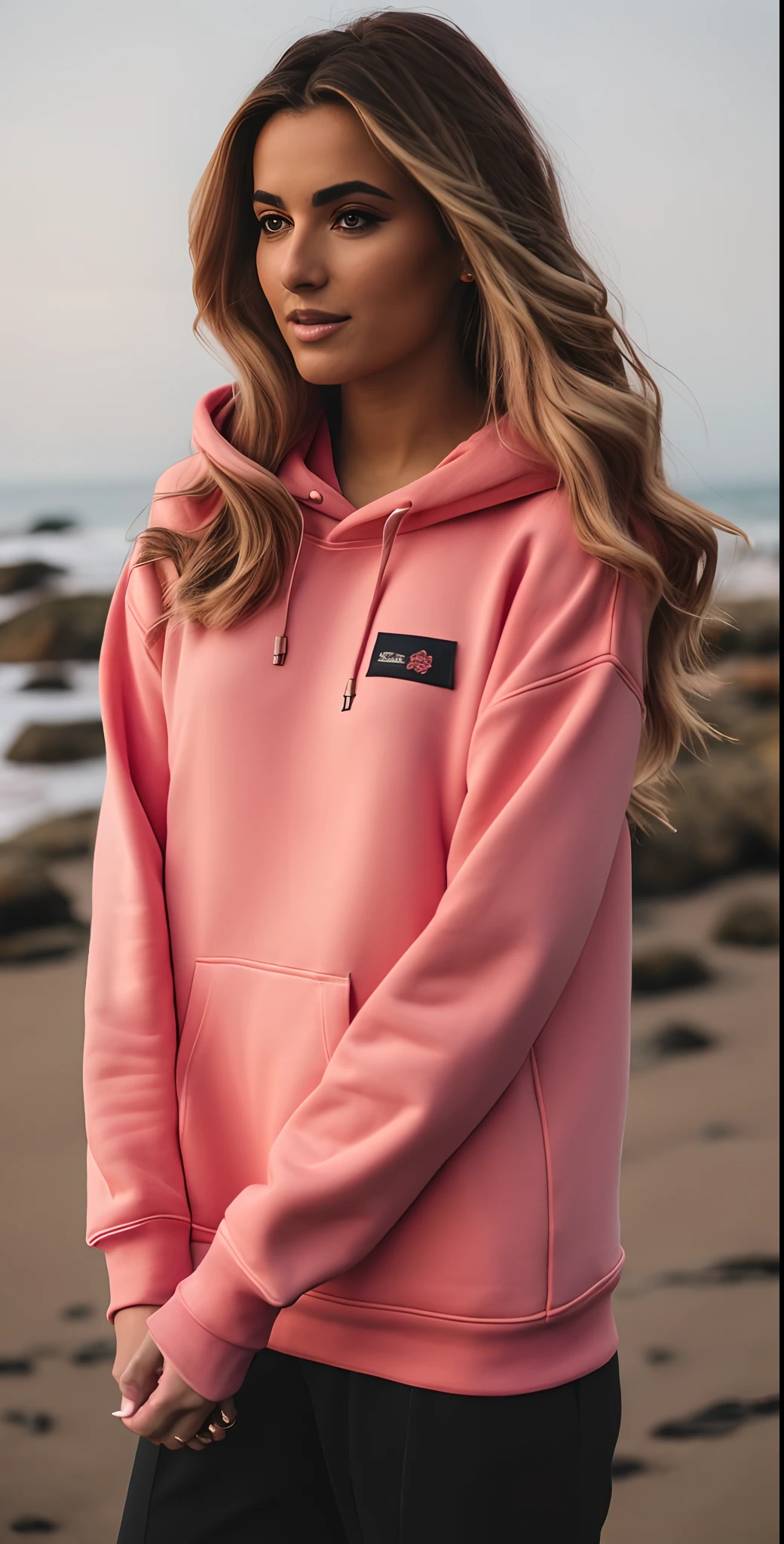 A beautiful woman wearing a pink sweatshirt and black pants standing on a beach, usando um capuz rosa, usando um capuz rosa pastel, vestindo capuz, usando um capuz oversized, Capuz, coberto de coral, roupas cor-de-rosa, usando um capuz, capuz laranja, usando capuz, moletom laranja longo, Hoody, Capuz Oversized, roupas detalhadas, vestindo moletom