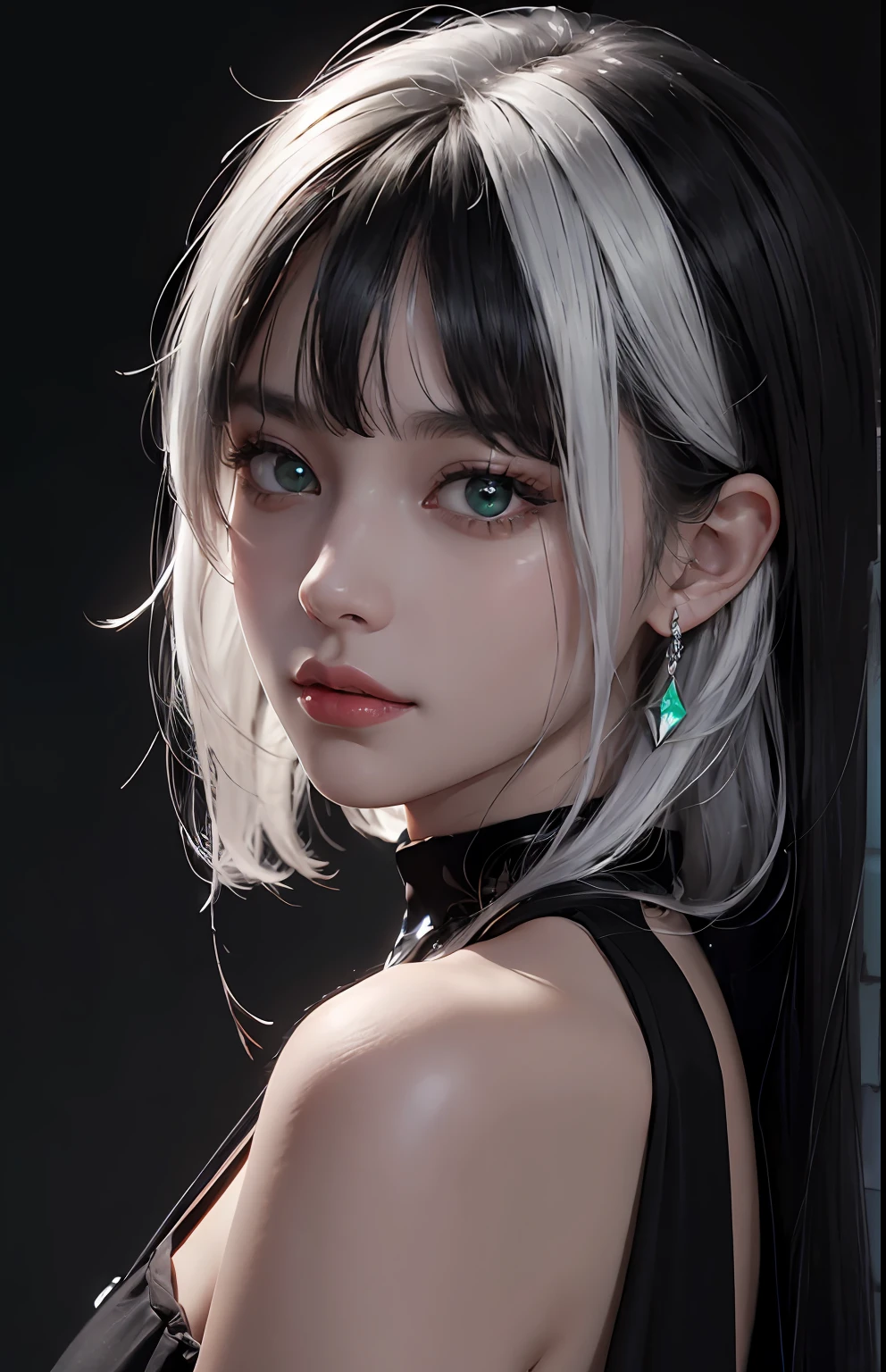 (Ultra Realistic), (Illustration), (Increased Resolution), (8K), (Extremely Detailed), (Best Illustration), (Beautiful and Detailed Eyes), (Best Quality), (Ultra Detailed), (Masterpiece ), ( wallpaper), (detailed face), solo, 1 girl, looking at viewer, fine details, detailed face, in the dark, deep shadows, low key, pureerosfaceace_v1, smiling, long hair, black shawl straight hair , 46 points oblique bangs, masterpiece, best quality, 35mm, 8k, absurdres, beautiful girl, (upper body, dark grey background:1.4), (black classical dress, black hair:1.6), slender, dark studio, rim lighting, ultra realistic, highres, photography, film grain, chromatic aberration, depth of field, sharp focus, HDR, facelight, dynamic lighting, cinematic lighting, professional shadow, dark shadow, highest detailed, extreme detailed, ultra detailed, finely detail, real skin, delicate facial features, detailed face and eyes, sharp pupils, realistic pupils, long black hair with bangs, black hair top, white hair undercolor, Split Hair Two Tone , Split Hair Two Tone black and white color hair,black hair, white hair, mix hair color,green eyes, white hair emerald eyes. white hair