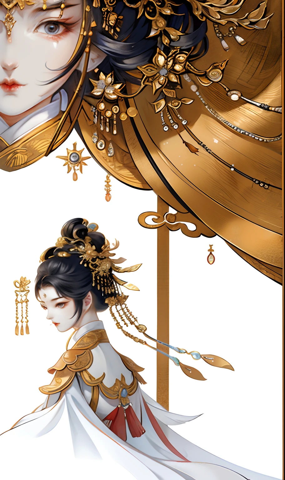 A girl, ancient Chinese costume, sunshine, clear face, clean white background, masterpiece, super detail, epic composition, ultra HD, high quality, extremely detailed, official art, uniform 8k wallpaper, super detail, 32k -- v 6