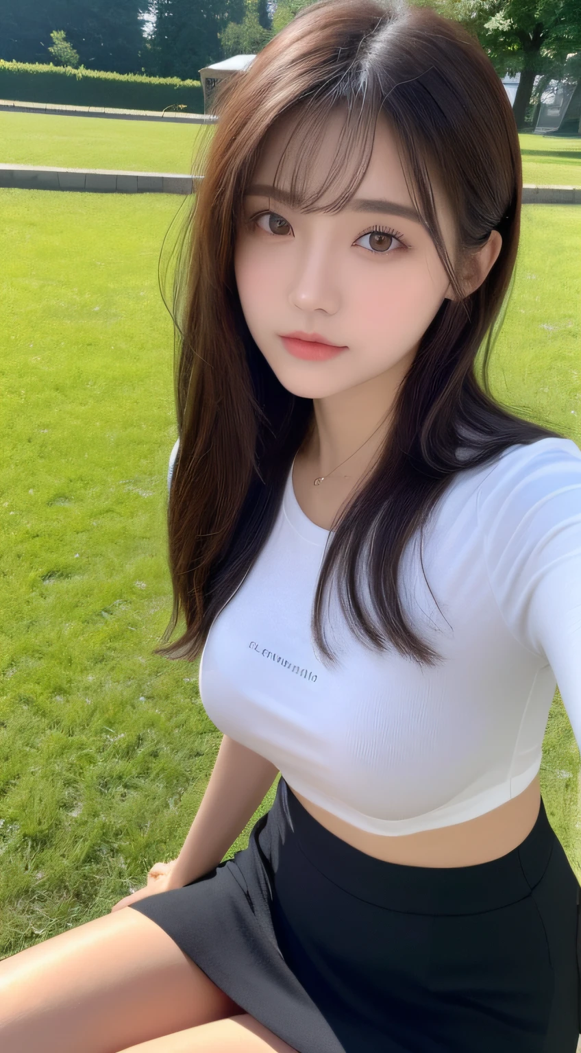 (( Best Quality, 8K, Masterpiece: 1.3)), Focus: 1.2, 1girl, Perfect Beauty: 1.4, Slim Abs: 1.1, ((Dark Brown Hair)), (T-shirt: 1.4), (Outdoor, Daytime: 1.1), Blue Sky and White Clouds, Vast Meadow, Ultra-fine face, Fine eyes, Double eyelids,