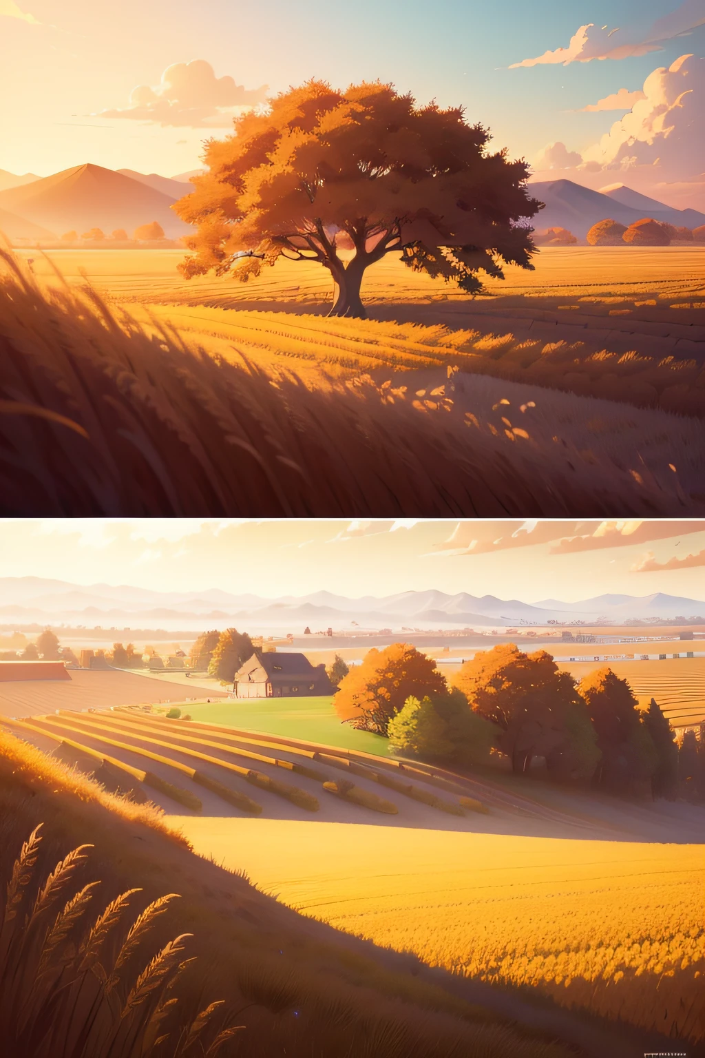 There is one(Inspired by Atey ghailan)， Makoto Shinkai art style 8K HD wallpaper illustration，It depicts fields covered with ears of wheat in autumn，Presents an anime countryside landscape。Close-up