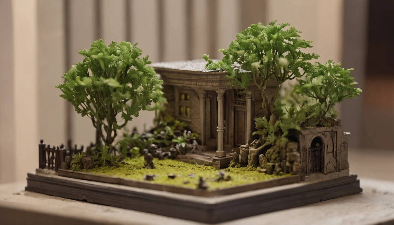 In a rainstorm,Bright yellow-green,Hostel 1:20 miniatures,3D equidistance,There are lights in the room,Dwarf shrub style,Realistic painting,cinematric light,Lunar soil,deep in the night,Magnificent,16K depth of field,8K.