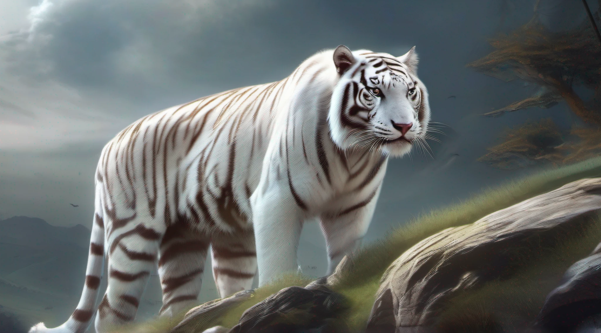 A white tiger 8K looks at the camera, And this tiger looks powerful, It looks like it's going up a hill