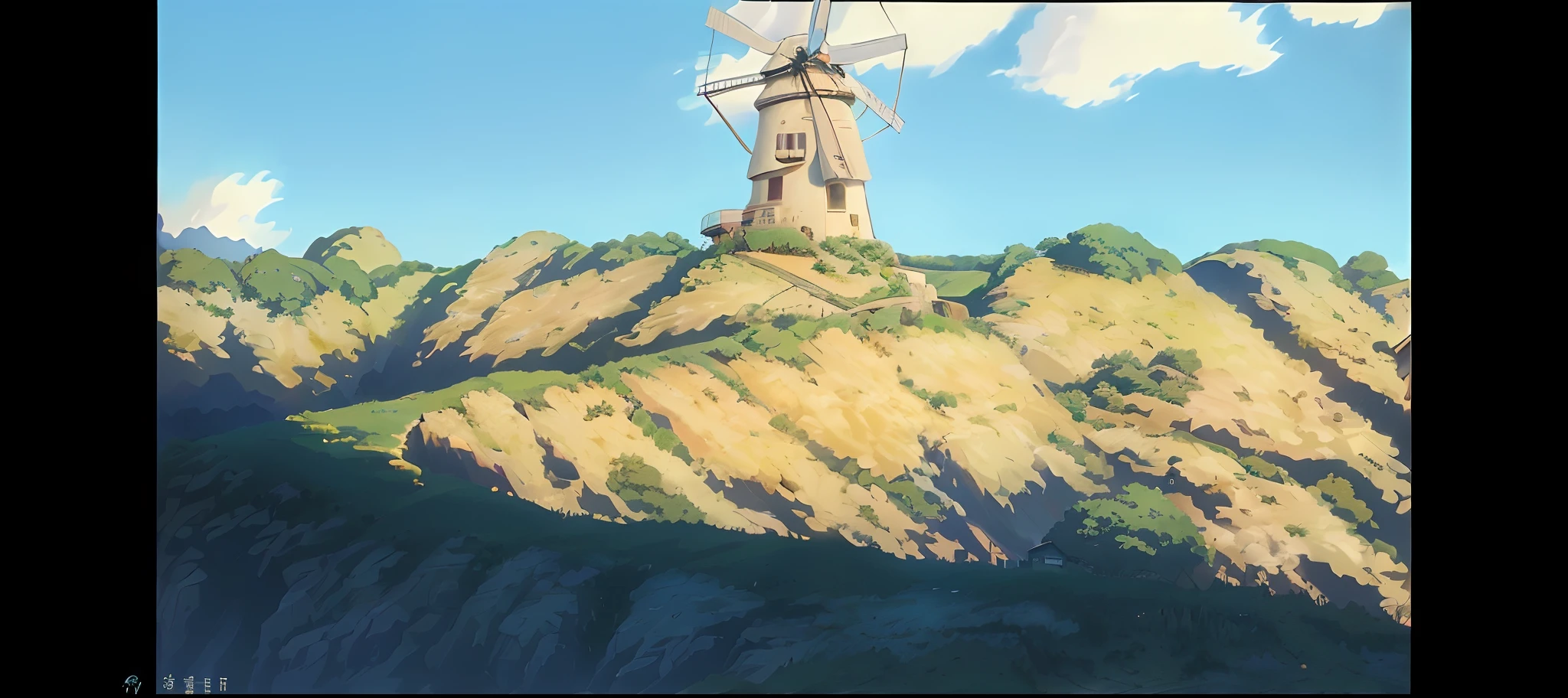 There is a windmill on the top of the hill,In the background are the sky, Ghibli Studio Environment, cinematic studio ghibli still, ghibli screenshot, studio ghibli sunlight, View of Ghibli Studio, Guibli. rendering by octane, Anime landscape, studio ghibli smooth concept art, incredible miyazaki, studio ghibli anime screenshot, studio ghibli composition, Studio Ghibli Sky, ghibli artstyle, Miyazaki movie scene