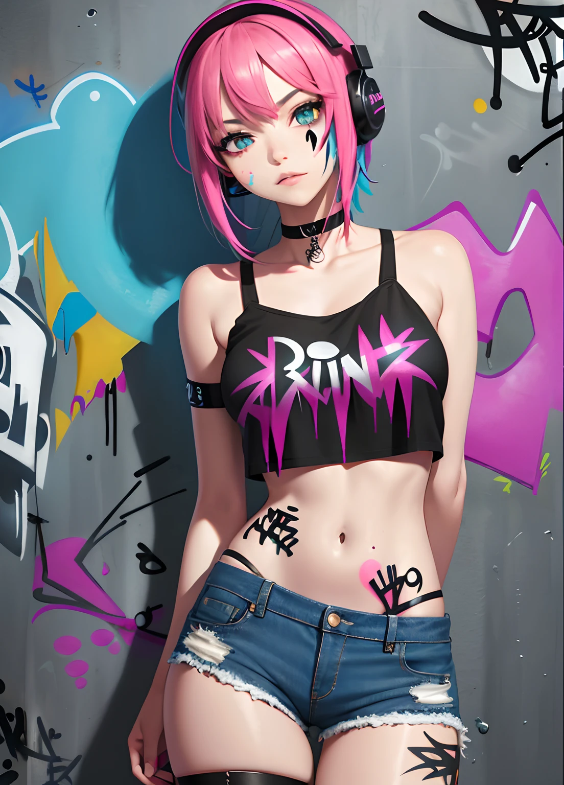 masterpiece, best quality, 1girl, solo, crop top, denim shorts, choker, (graffiti:1.5), paint splatter, arms behind back, against wall, looking at viewer, armband, thigh strap, paint on body, head tilt, bored, multicolored hair, aqua eyes, headset,