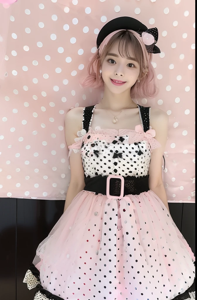 A close up of a woman in a pink dress and black and white polka dot ...