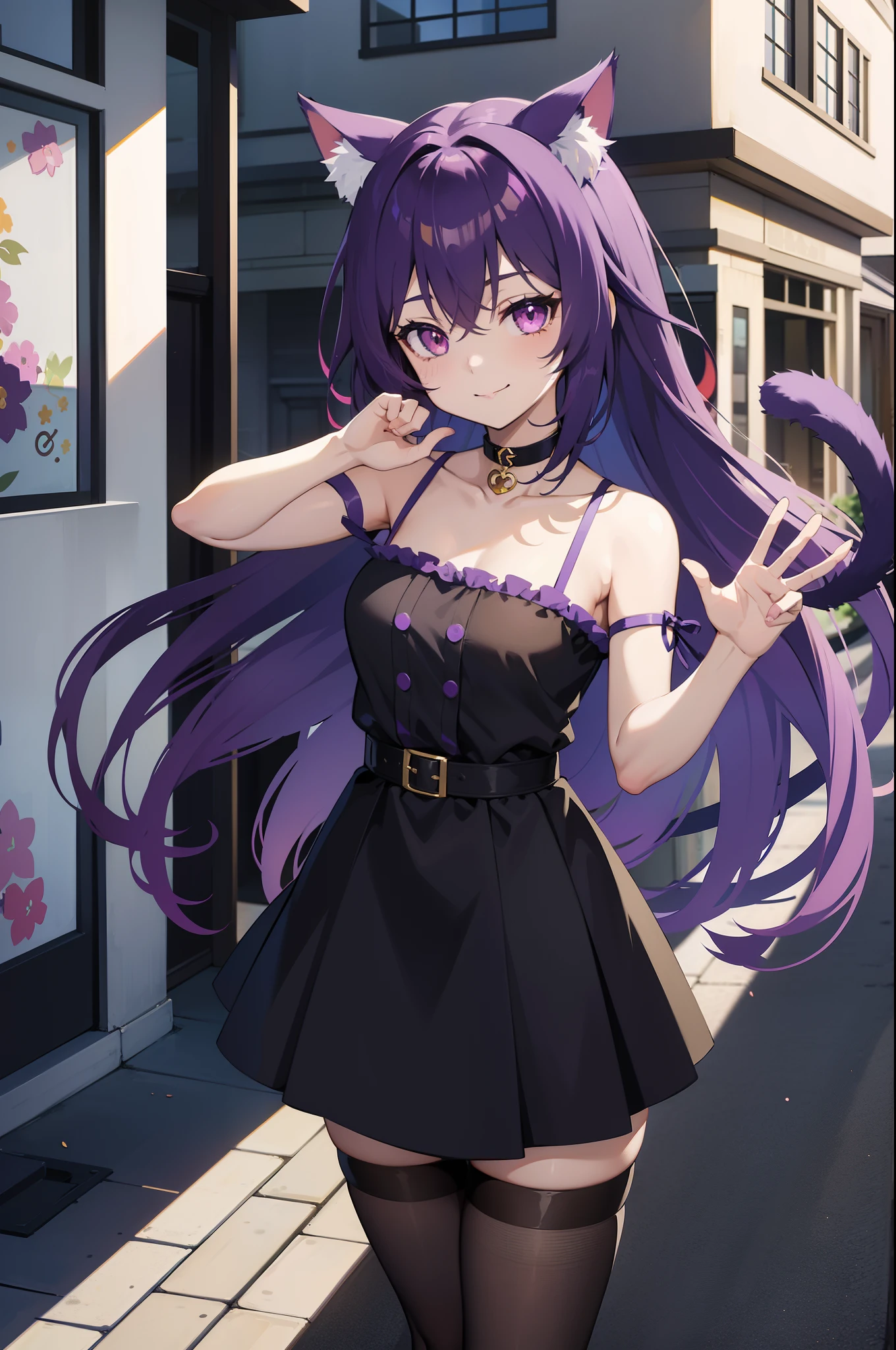 anime girl, cat ears, cat tail, purple hair, long hair, little chest, smiling, black skirt, short skirt, right purple eye, left red eye, waving, looking to the front, morning background, inside a house, cute, cat girl