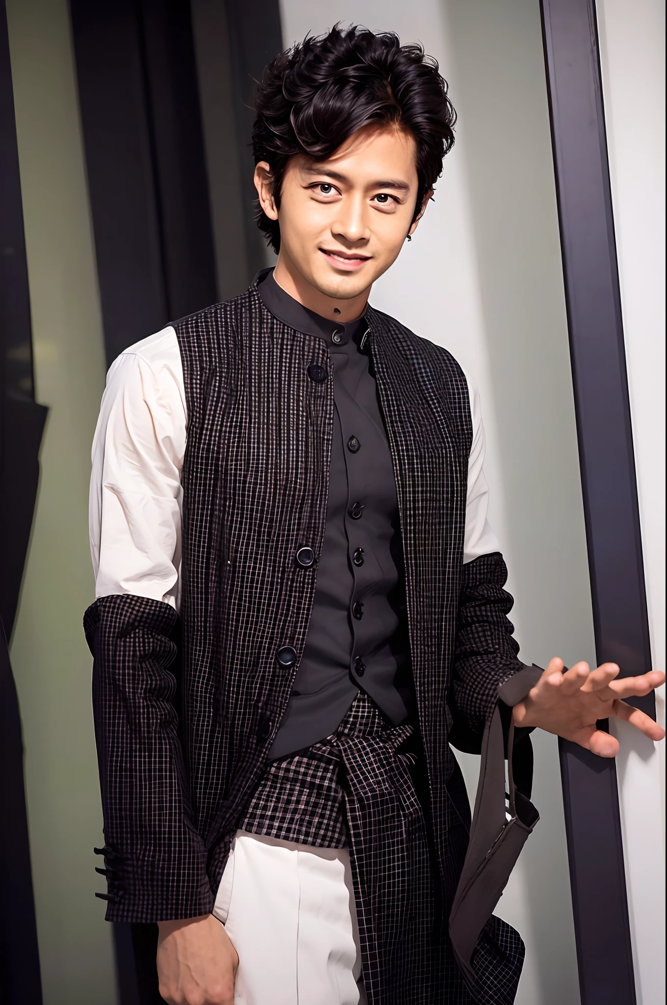 "trendy asian male model with stylish outfit and confident expression"