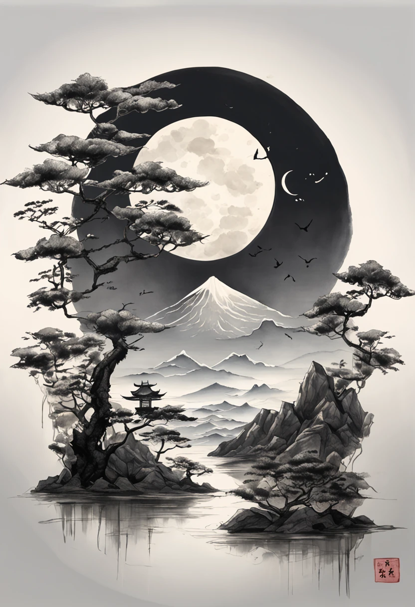 A mountain on white paper expressed only by shades of ink々and a sea of clouds and a moonlit night::style Pale touch、ink and watercolor painting、Draw only with black and white shades of ink、high-detail、Photorealsitic ::n_style Illustration ::seed 1968
