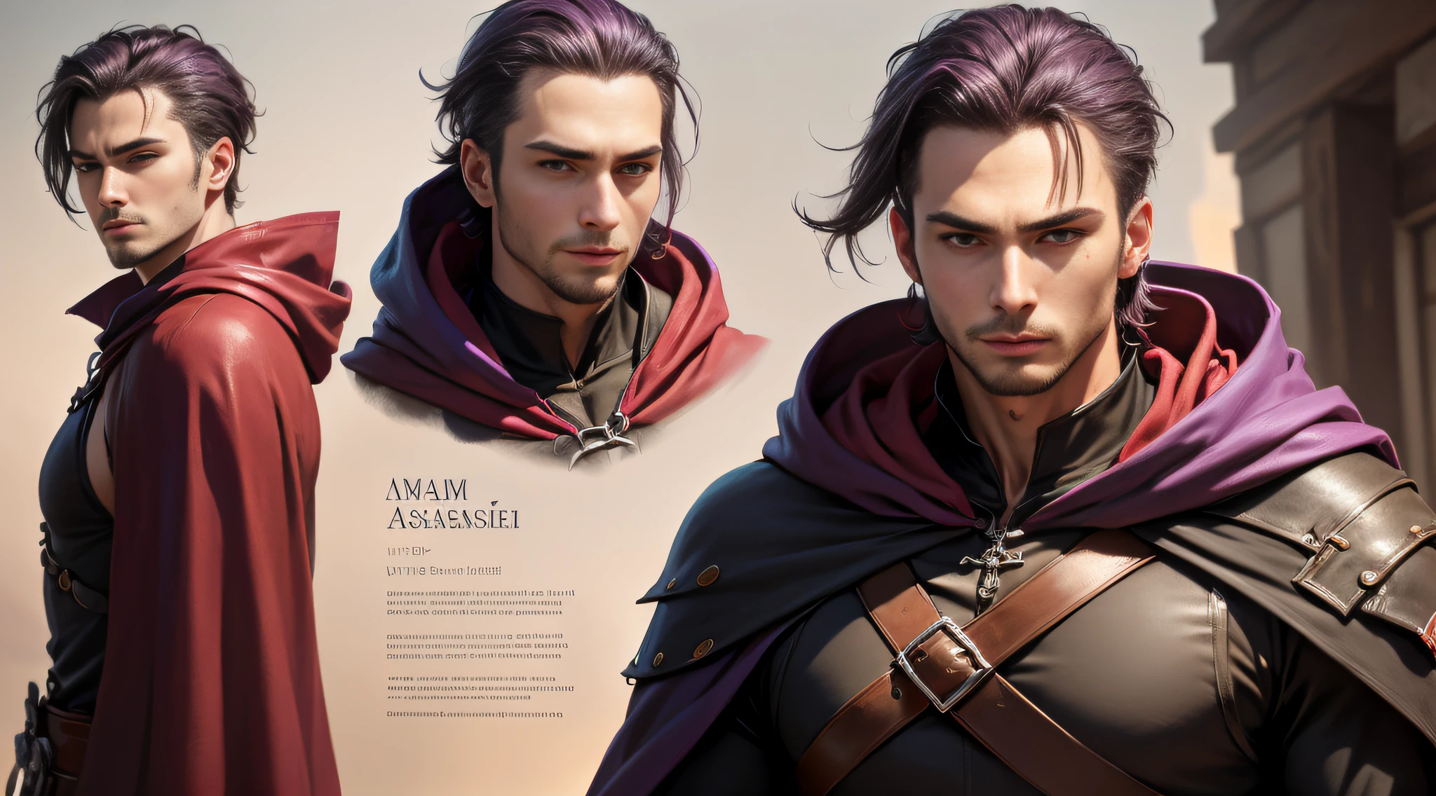 reference sheet, (((masterpiece, Best Quality, ultra-detailed))), (proficient male assassin, same character, 27 years old, Medieval assassin costume, long assassin cloak), purple hair, very short hair, Male face, Forehead, male eyebrows, Male Eyes, sharp nose, adam's apple, (red sharp eyes),