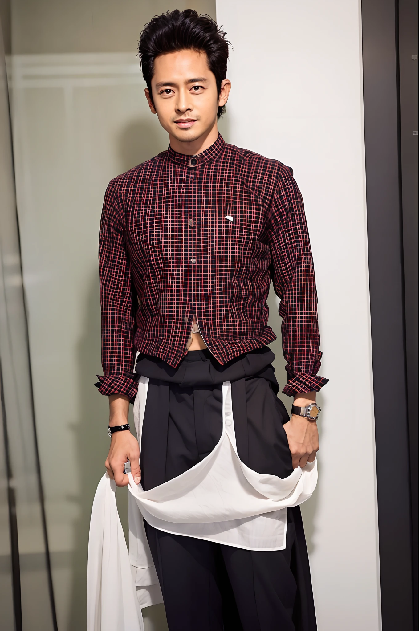 "trendy asian male model with stylish outfit and confident expression"