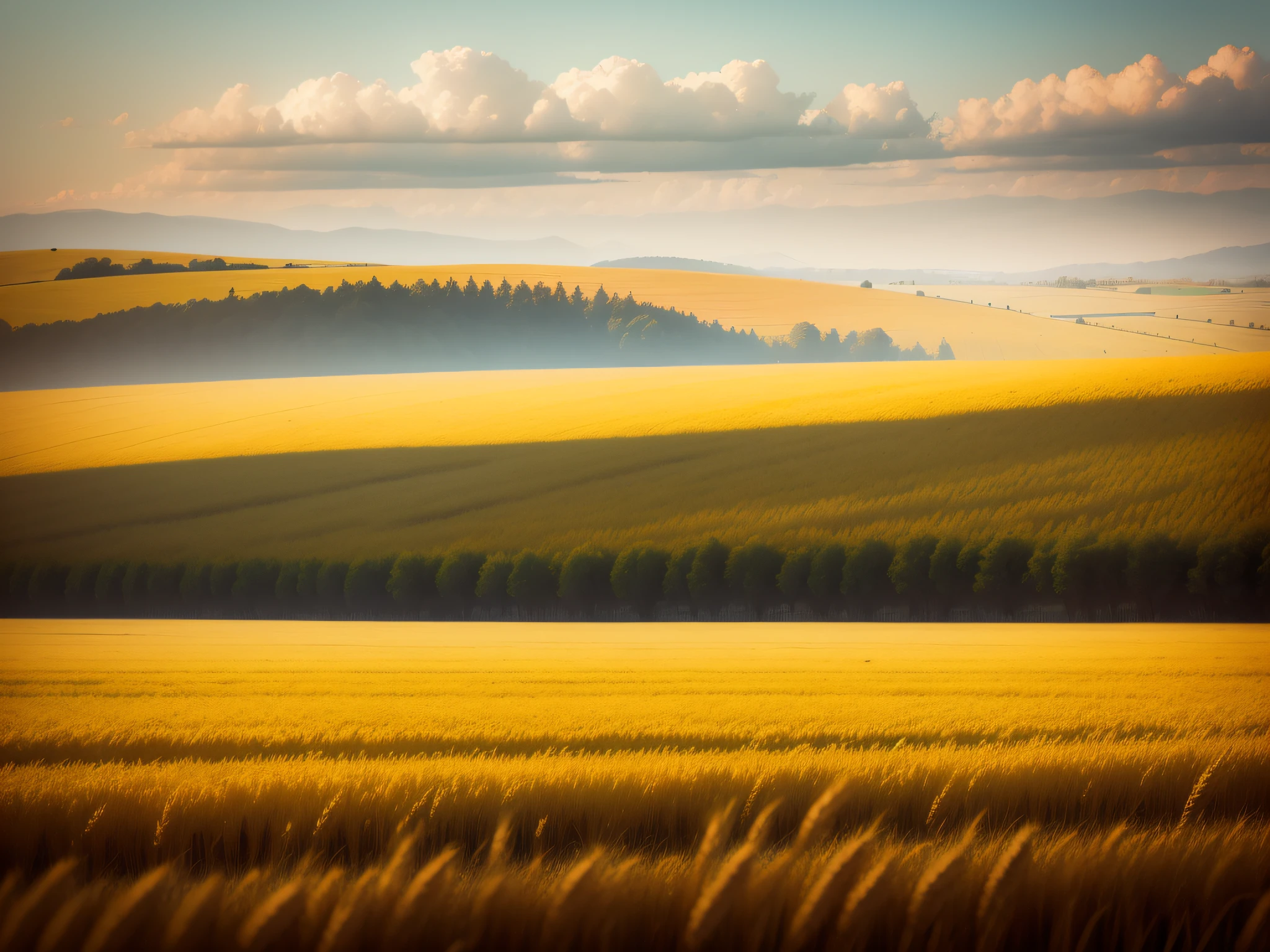 A landscape photo of a summer wheat field