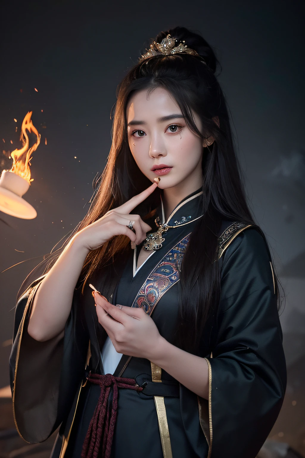 1girl, Dunhuang flying costume, messy long hair, ji jian, Dunhuang style, a lot of smoke, exquisite, elegant colors, (realistic, high detail, masterpiece, super detail, dynamic angle, mural background, ink, amazing, movie lighting, illustration, chiaroscuro, backlight, god ray, holland, best quality, masterpiece, (1girl), (LLChar), evil witch, dark energy, void, empty eyes, (extremely evil) , black magic, dark forest, negative energy, hell, void, stars, brunette hair,