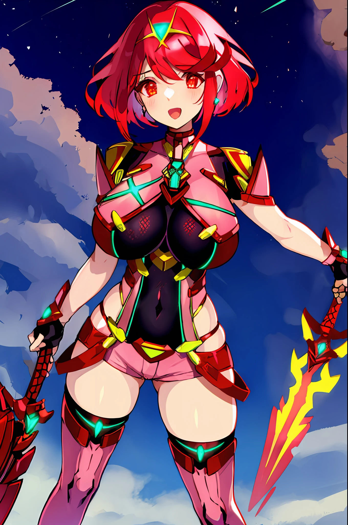 pyra \(xenoblade\), _1girl, armor, bangs, black gloves, breasts, red eyes, closed mouth, earrings, eyelashes, fingerless gloves, floating hair, framed breasts, gem, gloves, hair ornament, headpiece, jewelry, big_breasts, leaning back, leotard, neon trim, official art, pose, red hair, red shorts, saitou masatsugu, short hair, short shorts, short sleeves, shorts, sidelocks, skin tight, solo, standing, swept bangs, thighhighs, tiara, night_prairie_background, turtleneck, underbust, vambraces, xenoblade chronicles \(series\), (xenoblade chronicles 2), apart_legs, fire_effect,dynamic_pose,fighting,light_smile, (plump:1.1), big_ass,huge_sword, hold_large_sword_hilt, solo, covered_nipples, covered_pussy,open_mouth,back_view, fists,