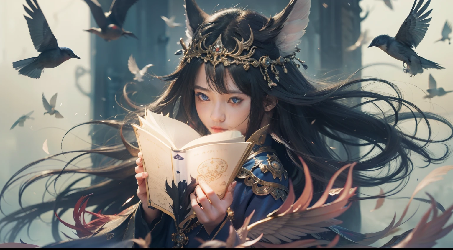 Magic Book,Blood,Night, Dark, (Fantasy),infinite,deep blue sky,The abyss of knowledge,Cowledge,((masutepiece)), (((Best Quality))),((Beautiful fine eyes)),(Eye lashes)、Beautiful girl riding phoenix、(1人)、Perfect human body structure、Black hair、The long-haired、abyss eyes、glowy skin、oils、small tits、(Bird body、pluma)、Wizard robes、tattered cloth、Realistic coat、Tee、elvish、Super delicate CG Unity 32k wallpaper、masterpiece, ((ultra-detailliert)), ((illustratio)),colourfull,wall-paper,The energy,Unknown terror,Incomprehensible,Around the magic,Magical surroundings,magic wands,Boken,Flying pages,Know everything,Predict the future、Get to know the past、Infinite wisdom、blue flames、Warlock、magic circles、Pentagram、Spells、mantra、Singing magic