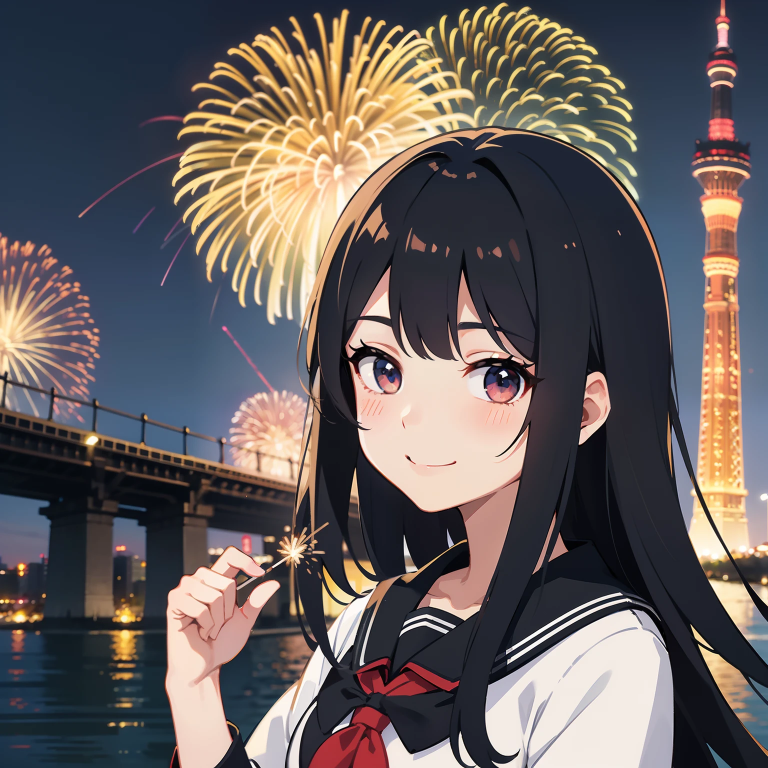 A smile、Big high school girl、校服、When setting off fireworks、Mare、Tokyo Skytree,black color hair,head portrait