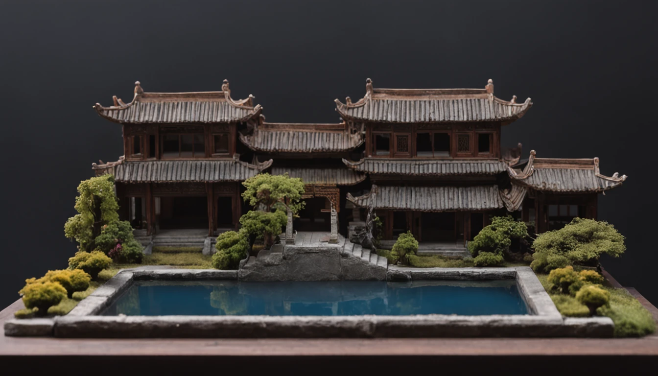 Villa courtyard,Open gloss black gold wire basement equidistance 1:3 miniatures,3D equidistance,Suzhou style,Realistic painting,cinematric light,super detailing,solid color backdrop,clean backdrop,best qualtiy,awardwinning,artistic,电影灯光,3Drenderingof,ultra-wide-angle,3D Technology Blue,Crystal clear glass futuristic dream,sea of stars,Ray traching,Macro composition