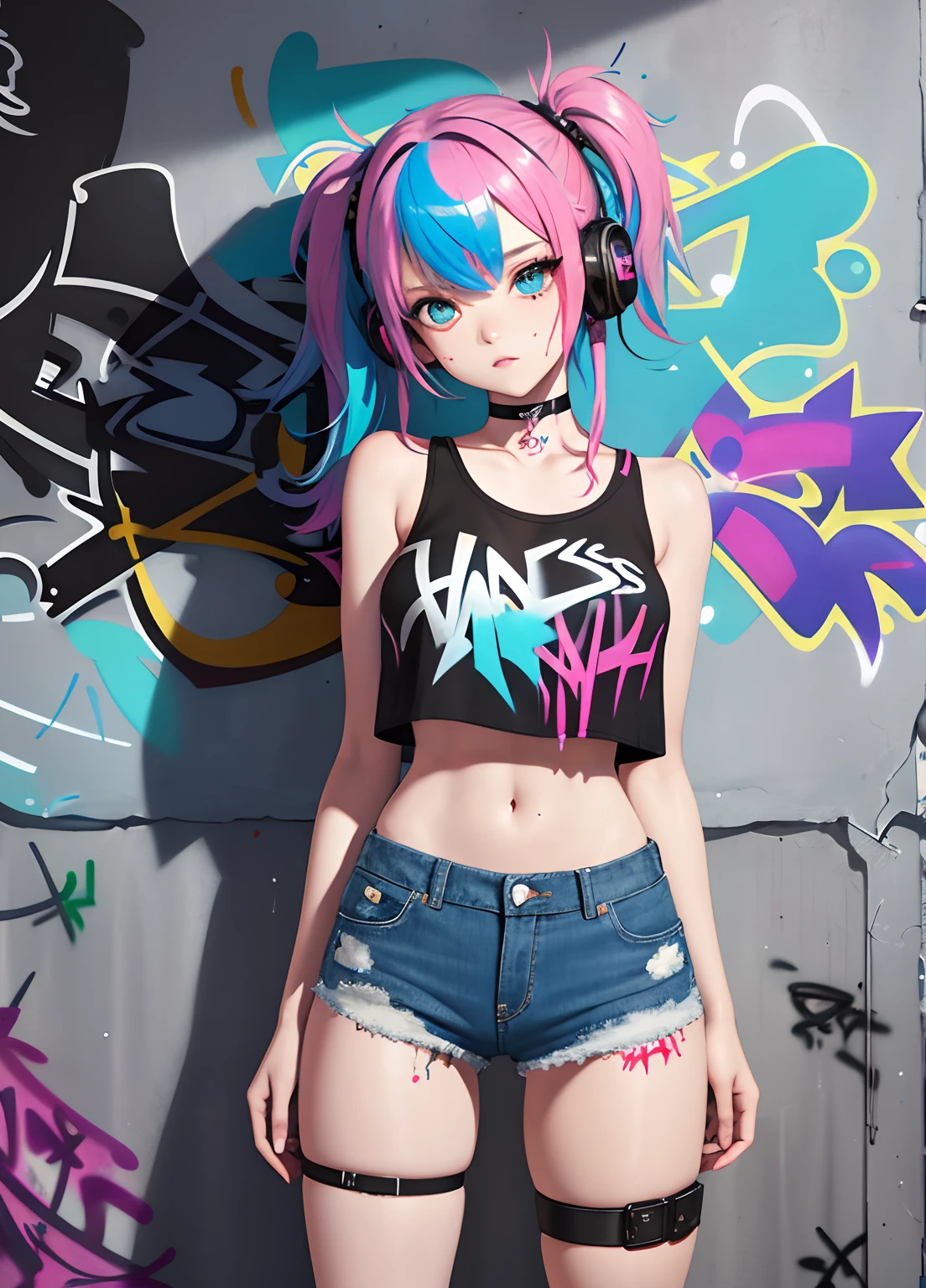 masterpiece, best quality, 1girl, solo, crop top, denim shorts, choker, (graffiti:1.5), paint splatter, arms behind back, against wall, looking at viewer, armband, thigh strap, paint on body, head tilt, bored, multicolored hair, aqua eyes, headset,