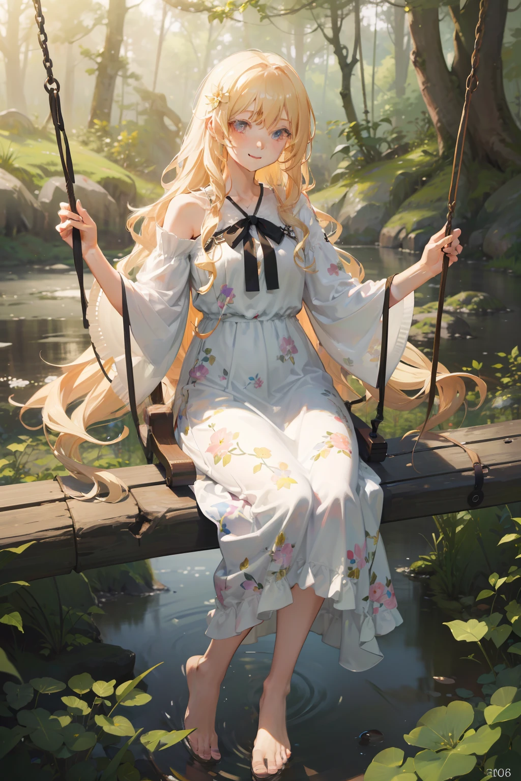 (masterpiece) beautiful serene intricate portrait of a highly realistic anime girl, messy wavy hair, incredibly long hair, blond, tuned, narrow eyes, (shy smiles), wearing flower printed long casual dress, relaxing on the seat swing in the forest, detailed faces and eyes soft focus, 8 k, colorful lighting in the forest, hyperrealism, hyper detailed, ultra realistic