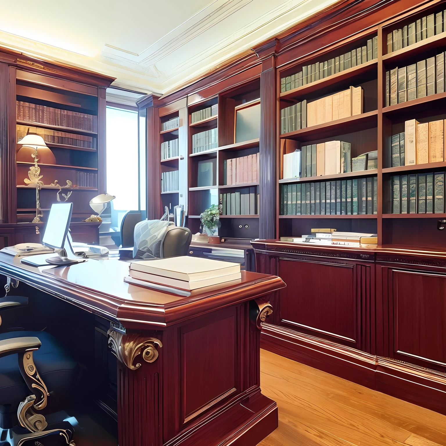 there is a desk with a computer and a chair in a room, Mesas de madeira com livros, Grande Biblioteca, Estantes de parede a parede, warmly lit posh study, Home Office Interior, biblioteca extravagante, estudo elegante, offices, office interior, neo - classical style, home office, biblioteca, na mesa de mogno, professional unique masterpiece, Smooth panels