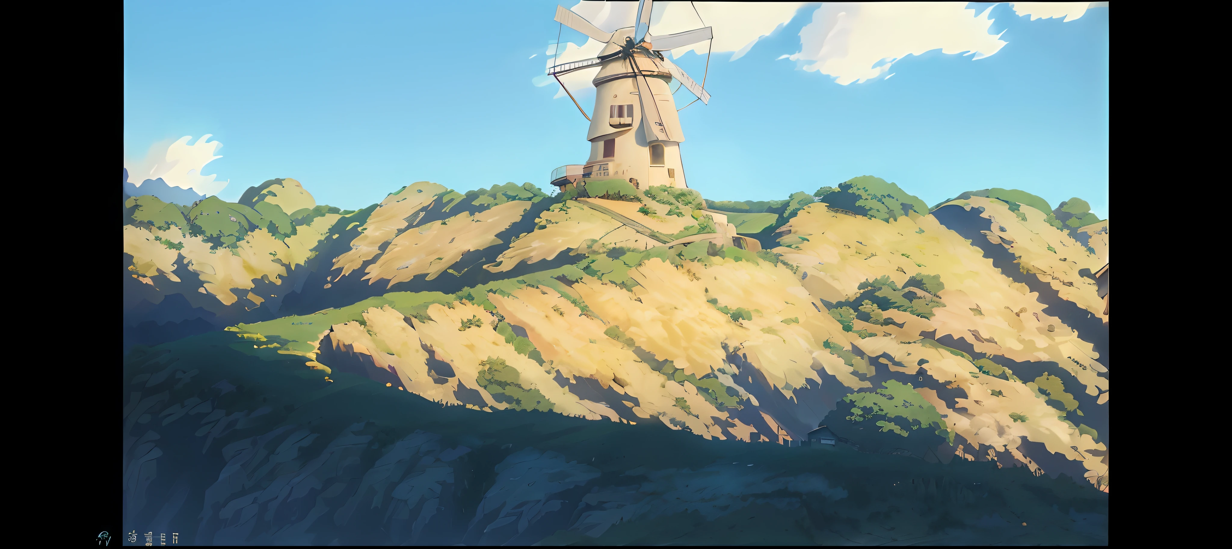 There is a windmill on the top of the hill,In the background are the sky, Ghibli Studio Environment, cinematic studio ghibli still, ghibli screenshot, studio ghibli sunlight, View of Ghibli Studio, Guibli. rendering by octane, Anime landscape, studio ghibli smooth concept art, incredible miyazaki, studio ghibli anime screenshot, studio ghibli composition, Studio Ghibli Sky, ghibli artstyle, Miyazaki movie scene