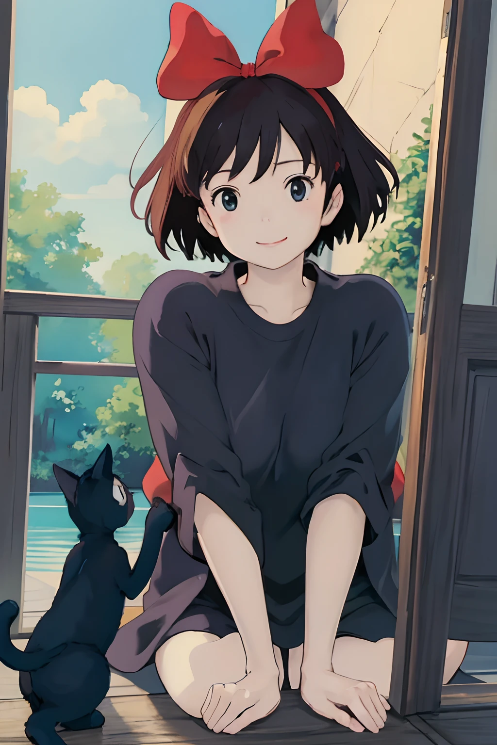 (masterpiece、top-quality;1.3)、ultra-detailliert、1girl in、独奏、Fina Grandia、looking at the viewers、a smile、
Kiki as an adult、Black coat、Red-haired bow、blue-sky、black cat、Gigi、huge tit
