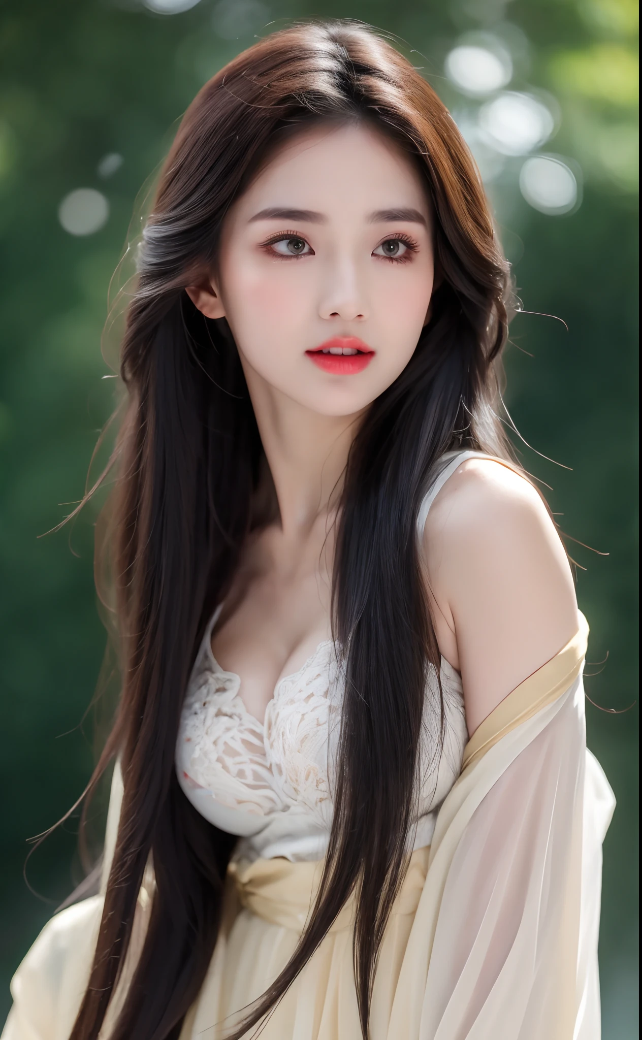 Masterpiece, great work, Liu Yifei, beautiful face, delicate facial features, big breasts, focused chest, forest, tattered clothes, few clothes, bare leaky skin, lying down