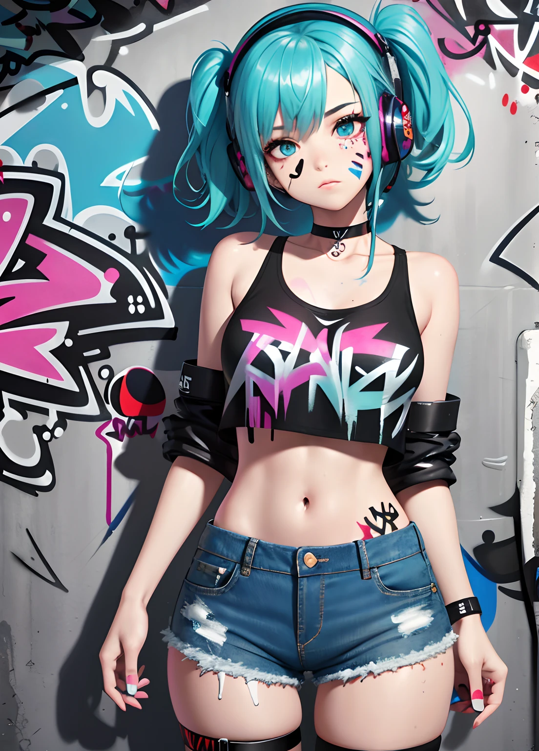 masterpiece, best quality, 1girl, solo, crop top, denim shorts, choker, (graffiti:1.5), paint splatter, arms behind back, against wall, looking at viewer, armband, thigh strap, paint on body, head tilt, bored, multicolored hair, aqua eyes, headset,