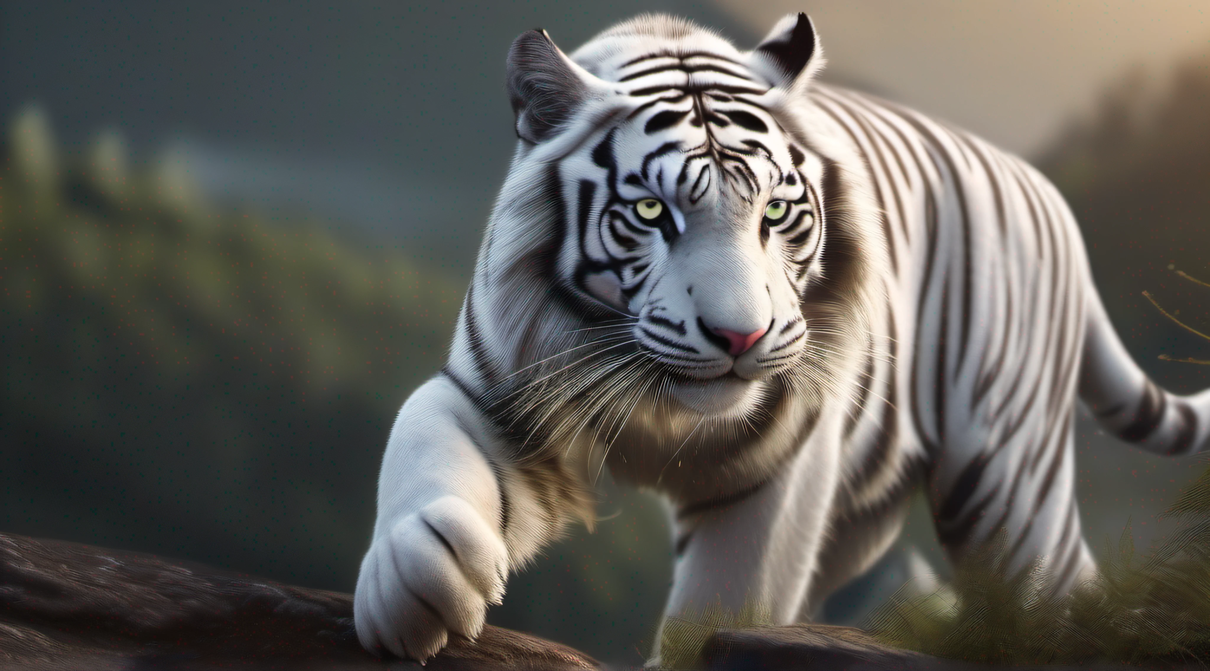 A white tiger 8K looks at the camera, This tiger looks powerful, He looks like he's going up the hill, he has a very nice mane, a fine texture, a strong muscle line