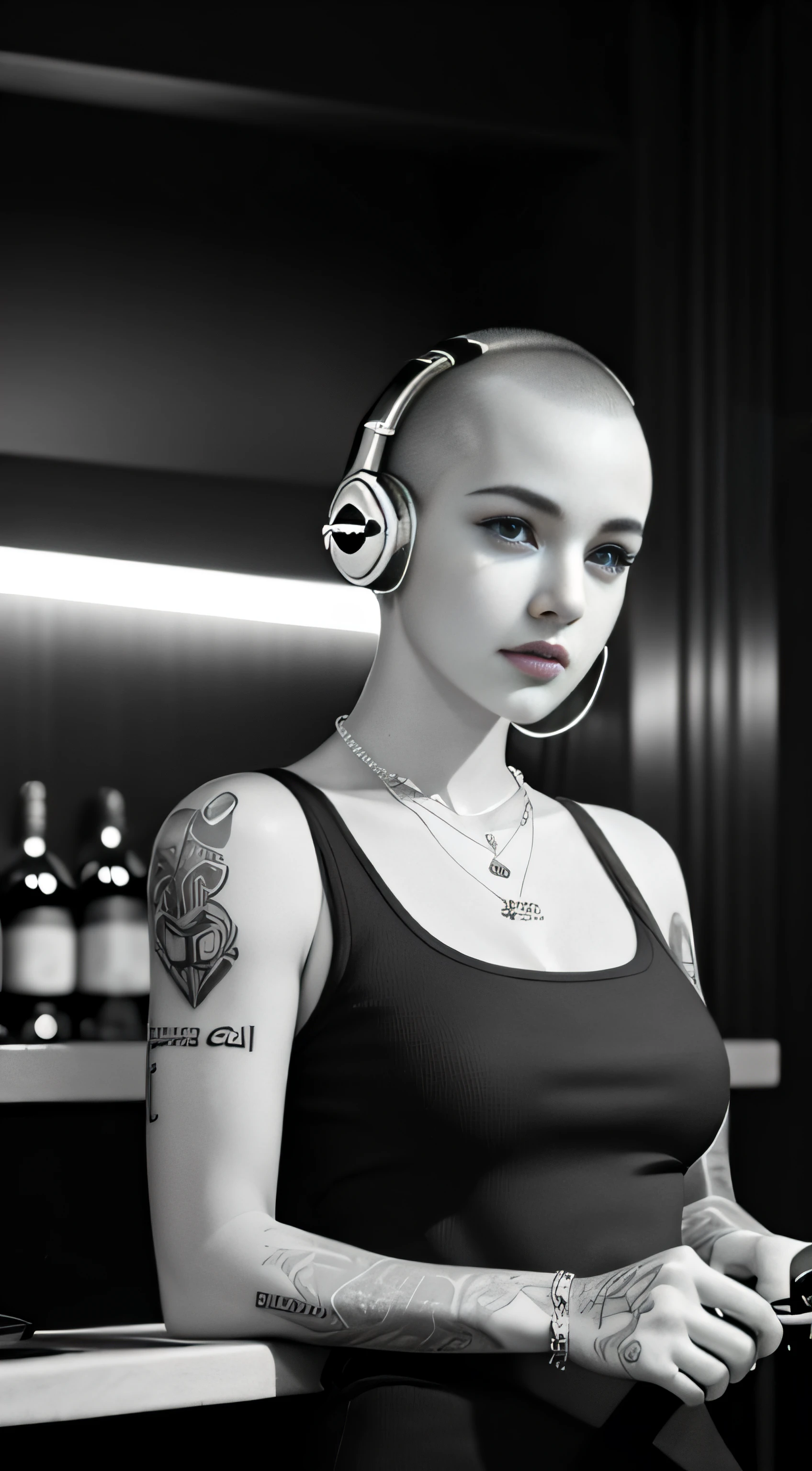 Best quality, Masterpiece, Ultra High resolution, (Fidelity :1.4), (B&W:1.3), original photo, Edge lighting, two-tone Light, Professional, Photography, 1 girl, bar, girl wearing headphones, Dding in bar, DJ, DJ booth, DJ machine, (buzz cut:1.1), (Tattoo :1.1), Happy, Dynamic, Gucci, Versace, cool, necklace, view