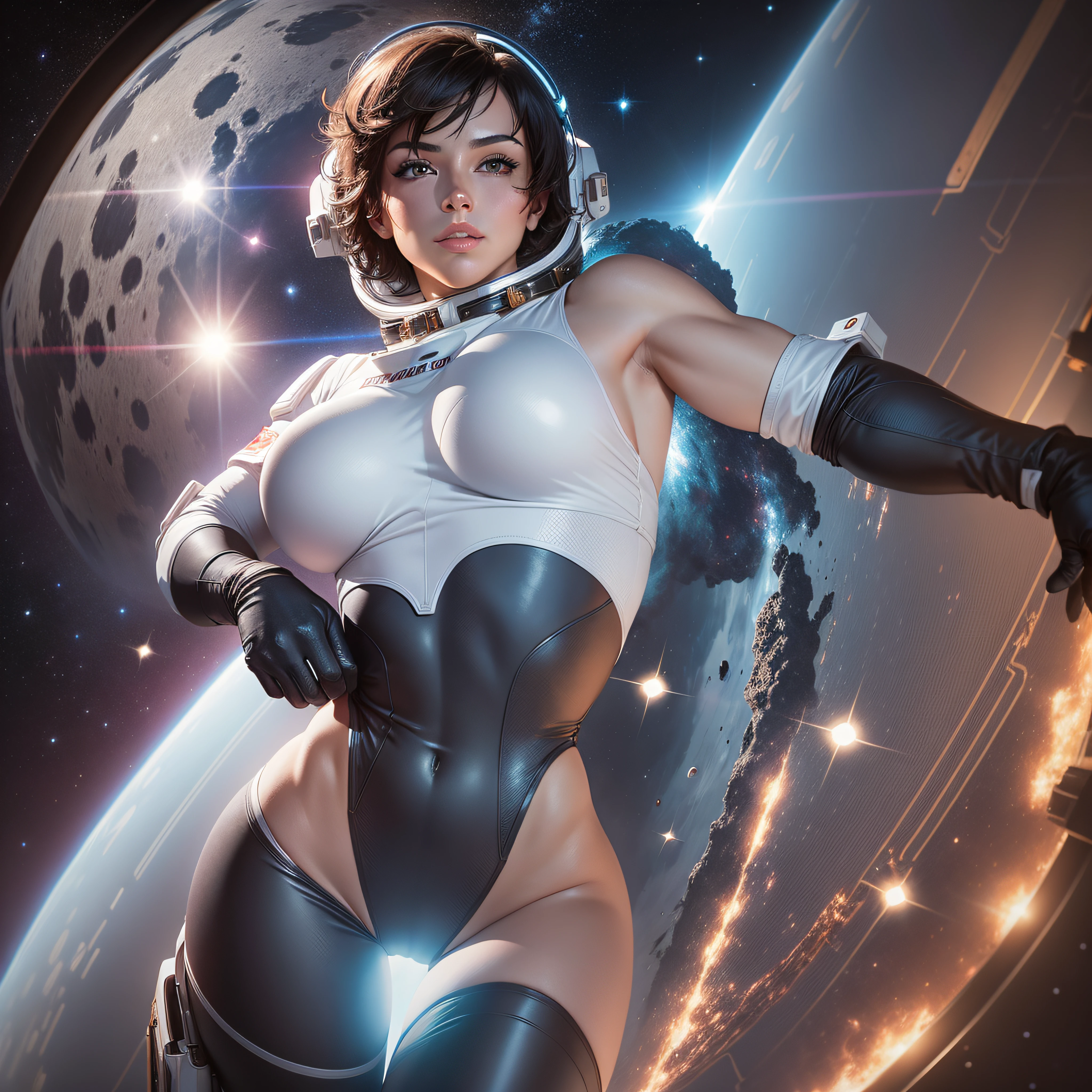 sexier, short hair, athletic body and full breasts, wearing an astronaut suit in deep space, floating in space like a Goddess.