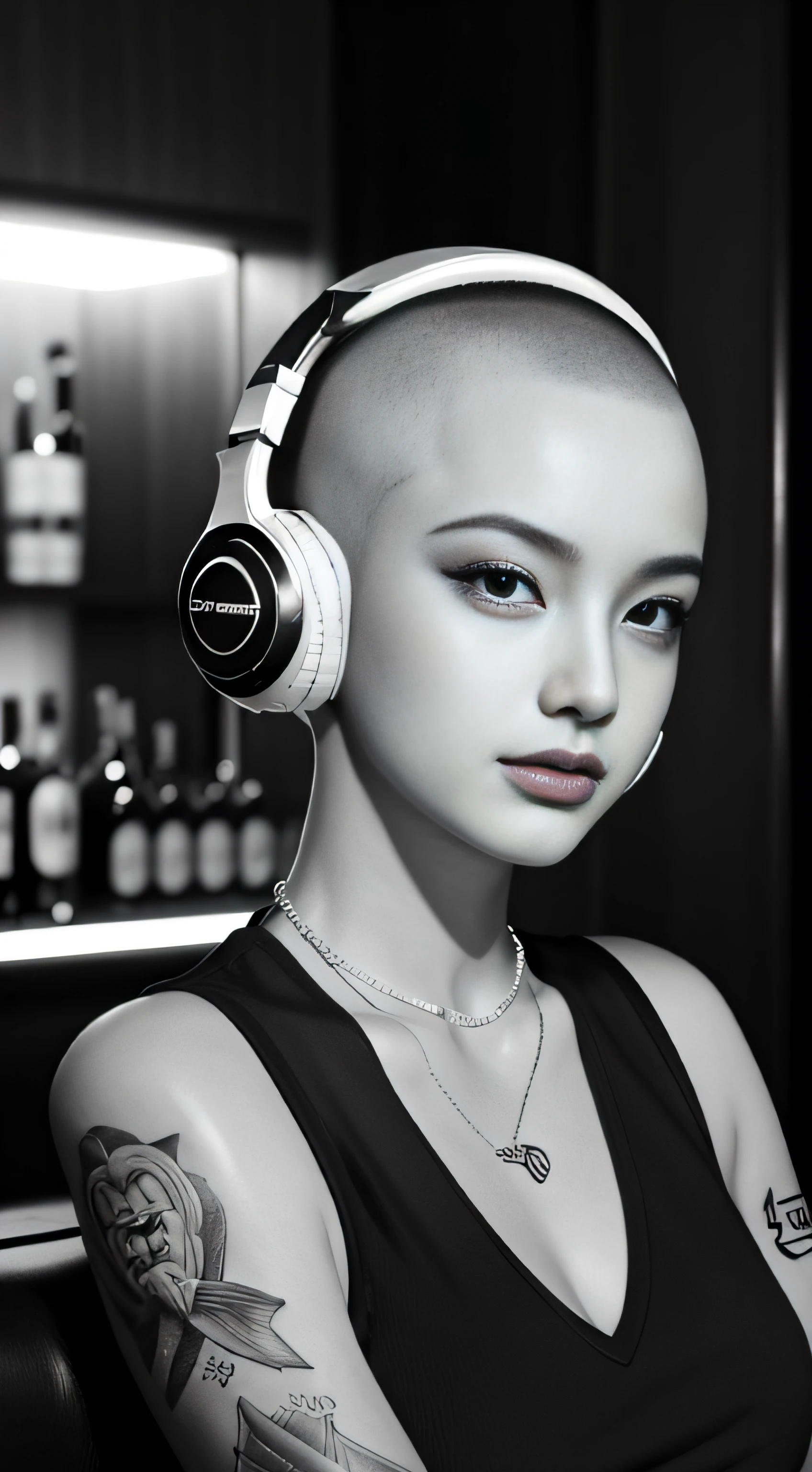 Best quality, Masterpiece, Ultra High resolution, (Fidelity :1.4), (B&W:1.3), original photo, Edge lighting, two-tone Light, Professional, Photography, 1 girl, bar, girl wearing headphones, Dding in bar, DJ, DJ booth, DJ machine, (buzz cut:1.1), (Tattoo :1.1), Happy, Dynamic, Gucci, Versace, cool, necklace, view