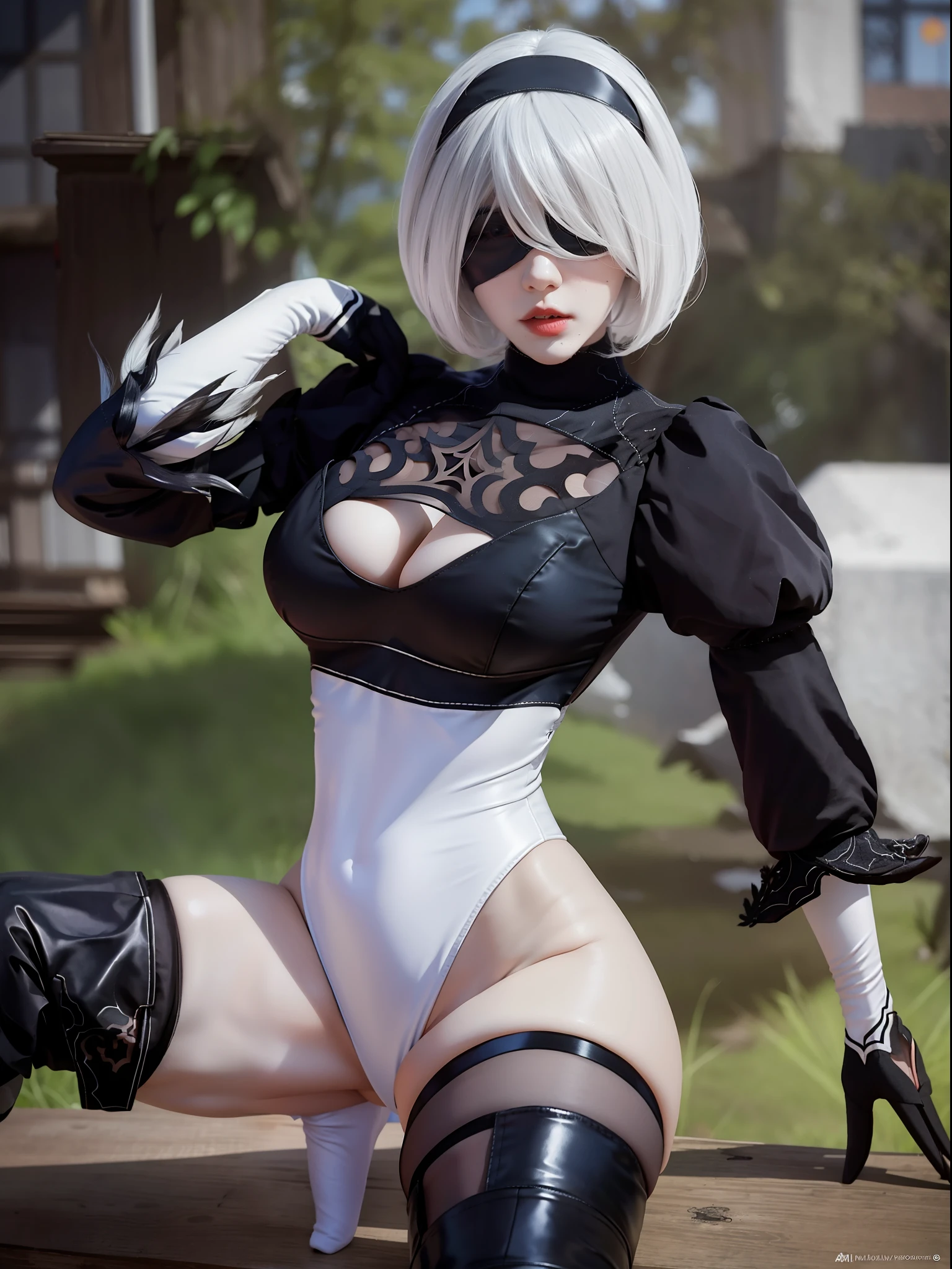 Mujer con cabello rubio, and latex suit posing on a wooden platform, 2 b by Automata of Nier, 2b by Automata of Nier, 2 b, 2b, 2b NEGAR automata, NEGAR : automata inspired, NEGAR:automata inspired, nier inspired, Film frame 2B Automata of Niger, nier 2 b, Nier Automata, piel blanca brillante, cosplay, sexy with big tits and drooping