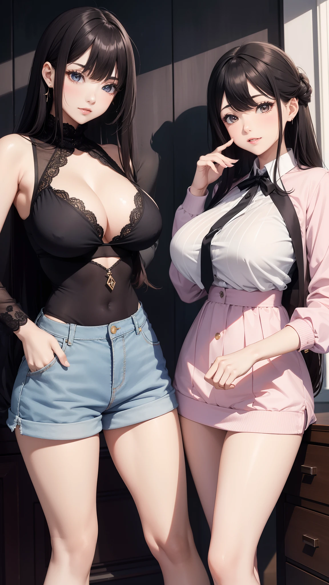 Ultra high quality，tmasterpiece，delicated，（（（2girls）））Casual wear，huge tit，（Leaky thighs）